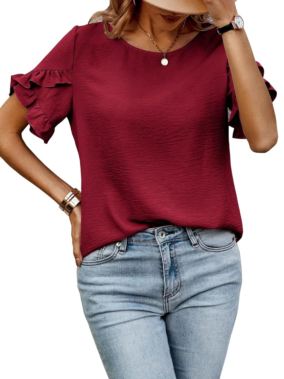 Sugathari Elegant Top, Women’s Solid Petal Sleeve Round Neck Ruffle Trim Top II Tops for Women/Girls (TOP 118) Sugathari Elegant Top, Women’s Solid Petal Sleeve Round Neck Ruffle Trim Top II Tops for Women/Girls (TOP 118)