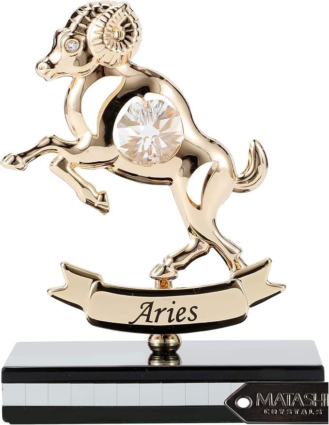 Matashi 24K Gold Plated Zodiac Astrological Sign Aries Figurine Statuette on Stand Studded with Crystals for Mom, Girlfriend, Boyfriend, Daughter, Son, Friend