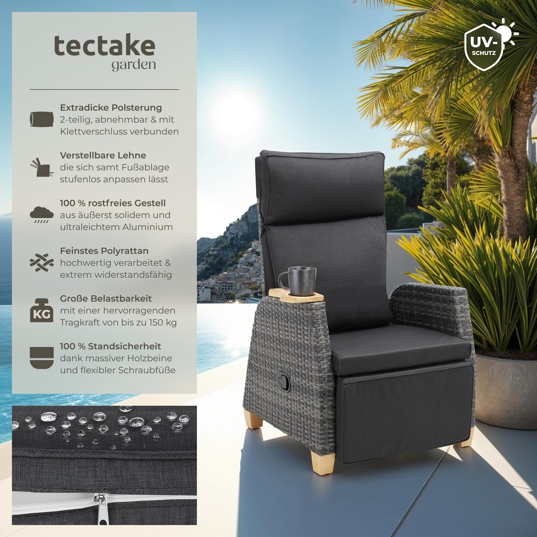 Tectake Rattan Outdoor Sessel Hochlehner mit Fußstütze verstellbare Lehne Relaxsessel Liegefunktion 2er Set