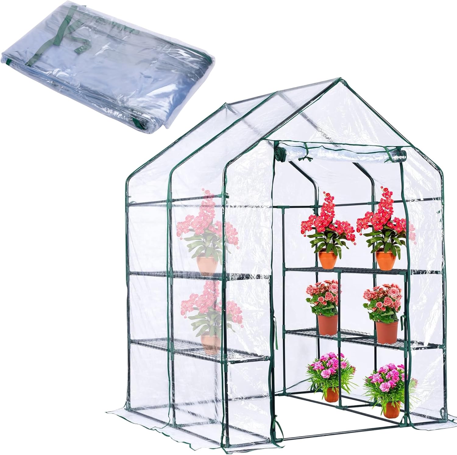 Walk-in Greenhouse Replacement Cover with Roll-Up Zipper Door -56 x 56 x 76 Inch PVC Greenhouse Cover for Outdoor Plant Gardening Plants Cold Frost Protection Wind Rain Proof (Frame Not Include)