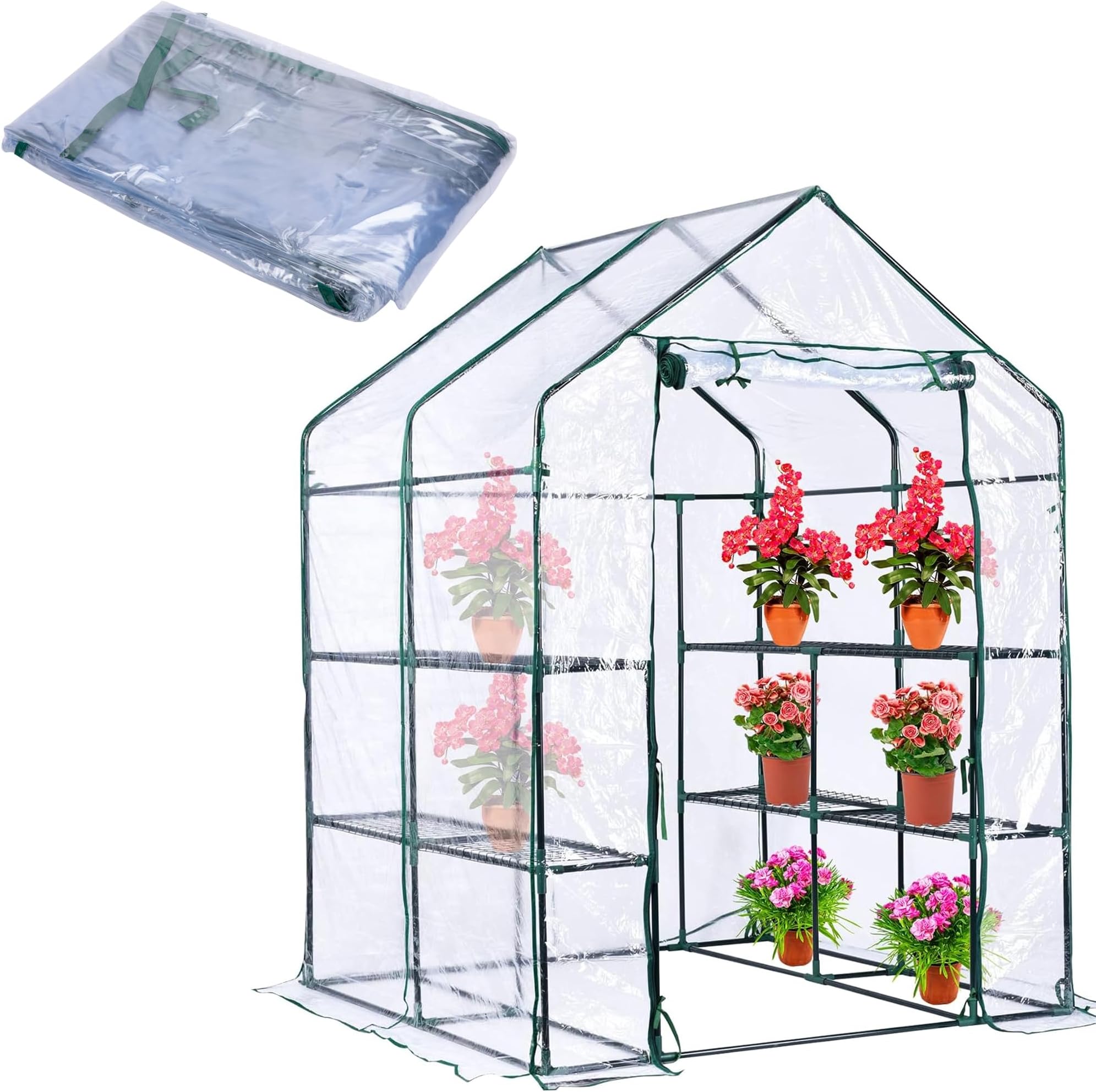 56 x 56 x 76 in Walk-in Greenhouse Replacement Cover with Roll-Up Zipper Door - PVC Greenhouse Cover for Outdoor Plant Gardening Plants Cold Frost Protection Wind Rain Proof (Frame Not Include)