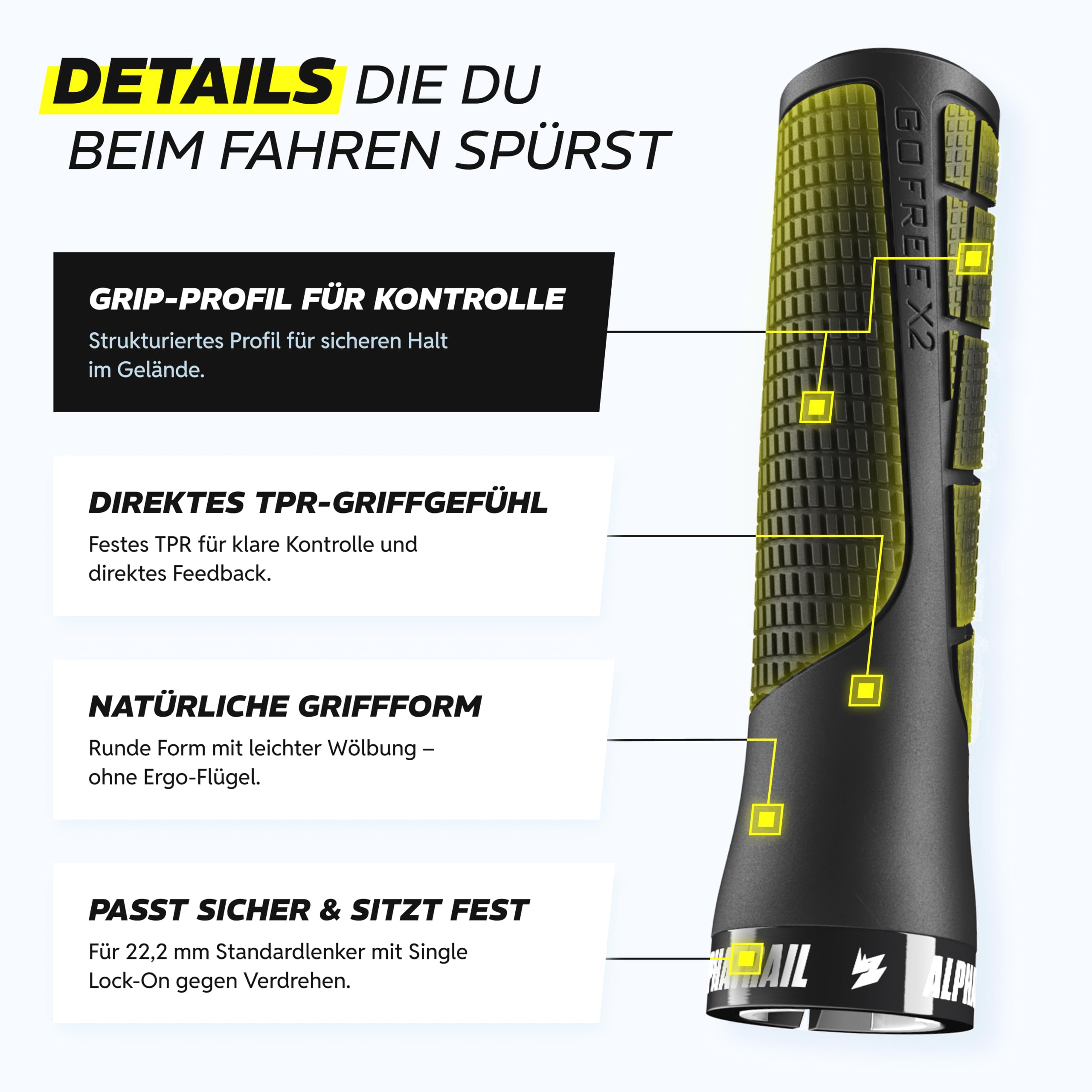 Alphatrail GoFree MTB Griffe für Fahrrad & E-Bike, Trail-Grip mit Dämpfung, Lock-On Lenkergriffe 22,2 mm, 1 Paar, 120 g, Fahrradgriffe für Trail & Tour