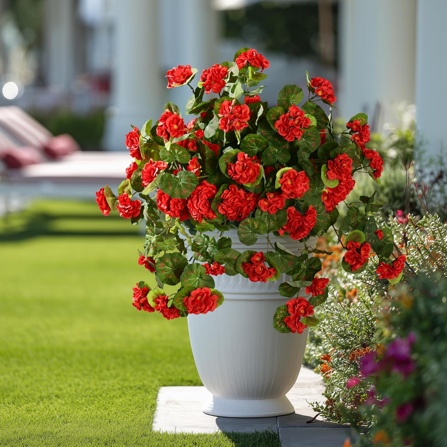 Artificial Geranium Flowers for Outdoor 2 Pcs Artificial Red Flower Fake Flowers with Stems Silk Realistic Look Real Floral Arrangement for Front Door Porch Planter Patio Balcony (2 Pcs Red)