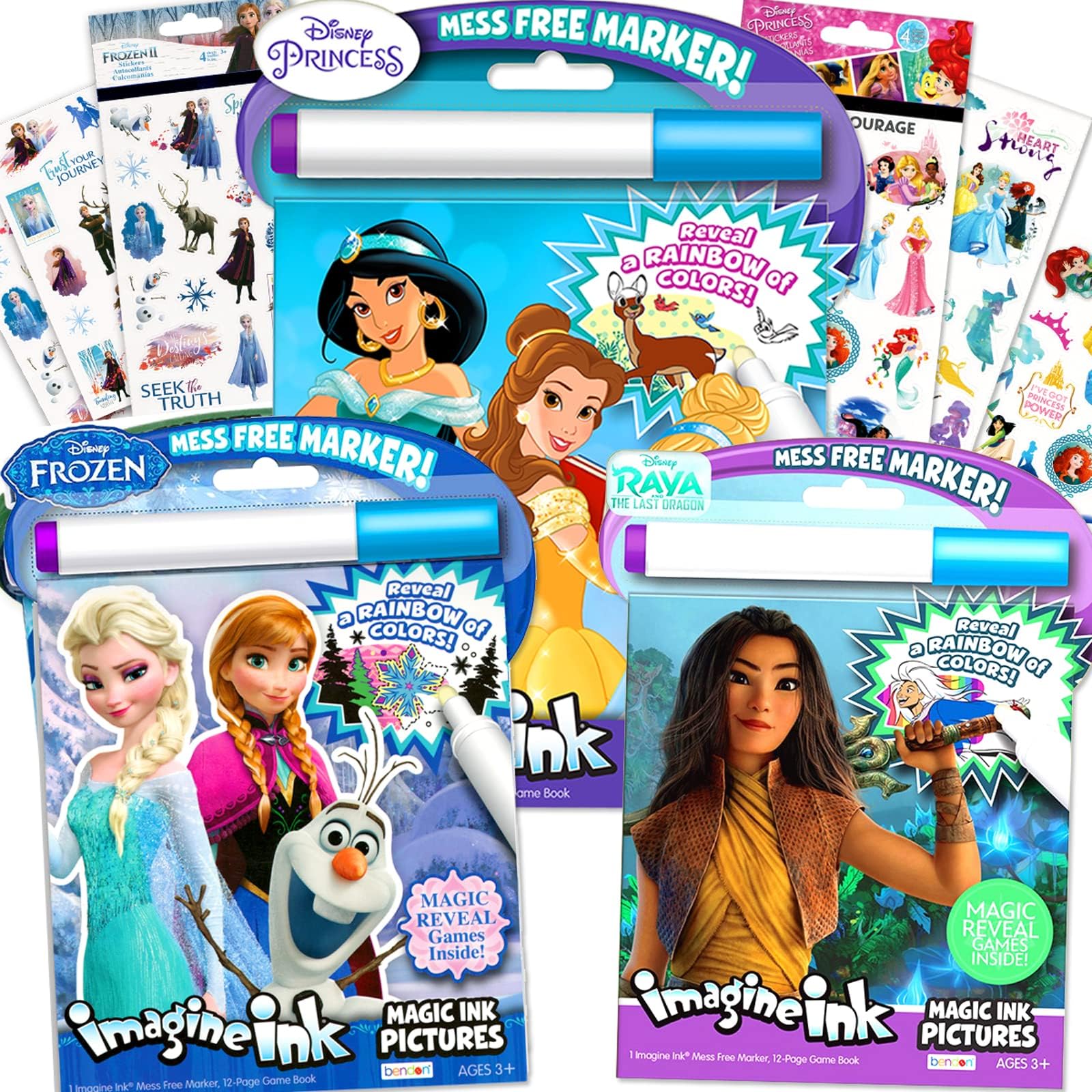 Classic Princess Magic Ink Coloring Super Set - 3 Books Featuring Disney Princesses, Frozen, and Raya The Last Dragon with Invisible Pens, Stickers