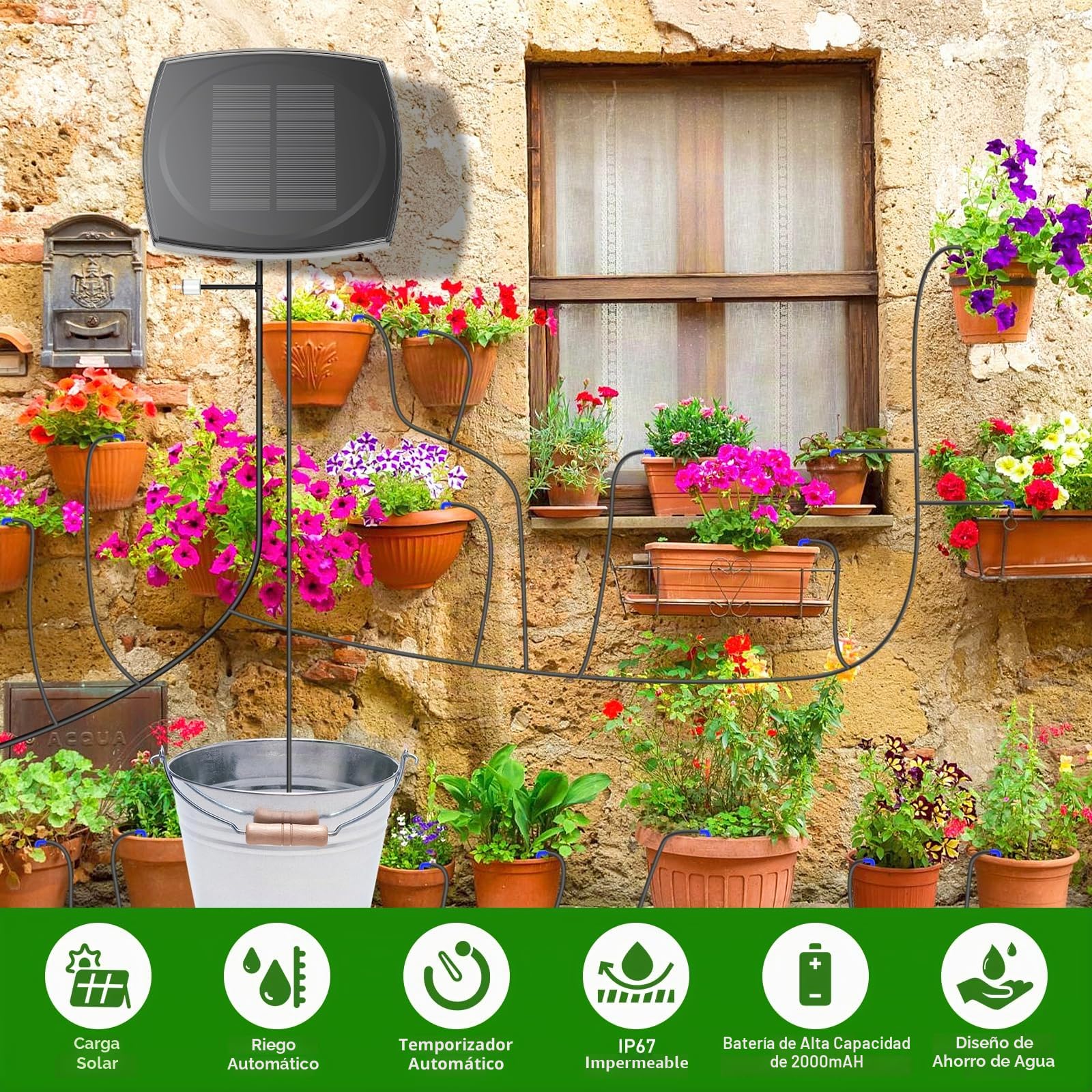 Onherm Riego Automático Solar, Riego por Goteo Solar con 12 Modos de Temporizador y Tubo de 15M, Sistemas de Riego Solar para Jardín, Balcón y Plantas de Exterior en Maceta
