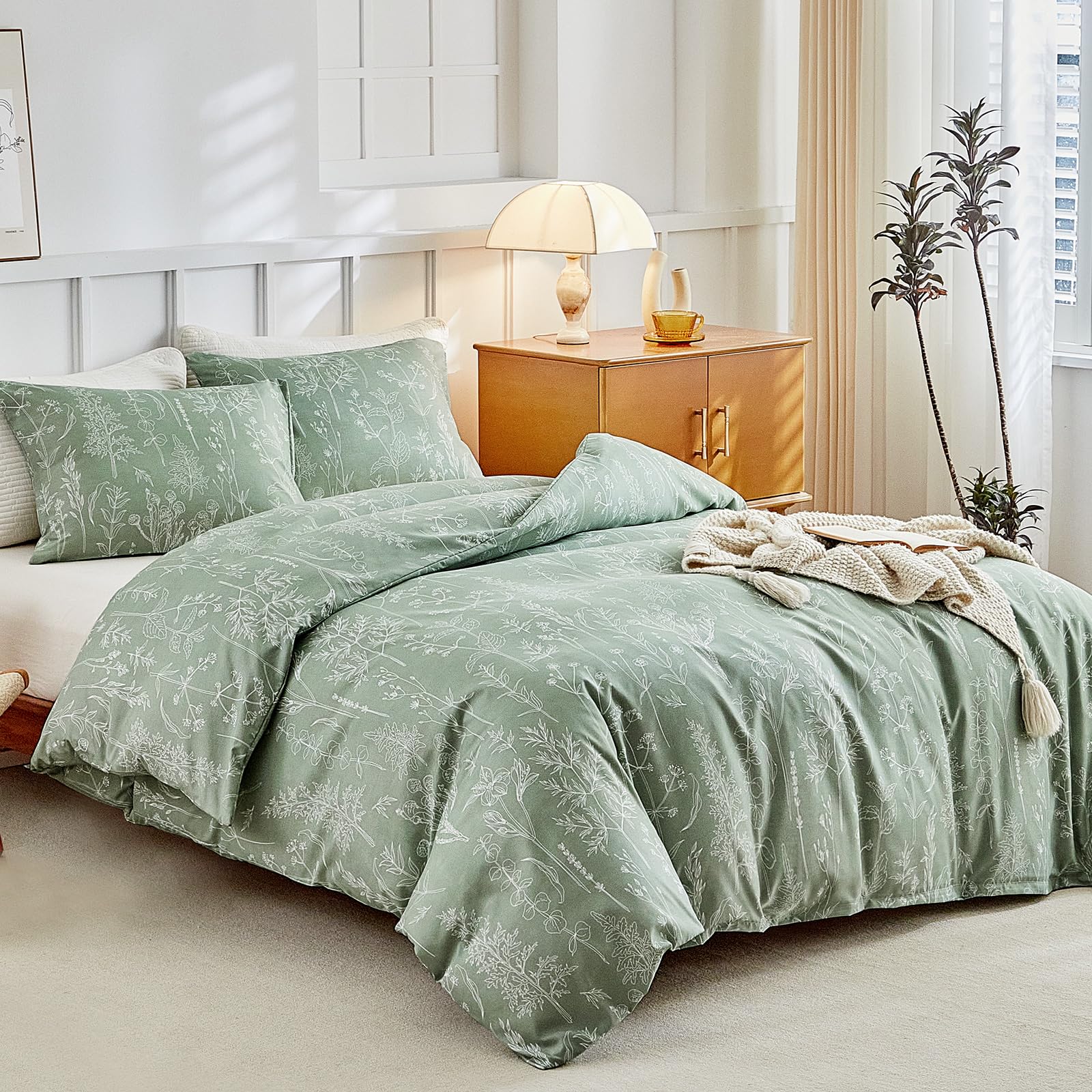 Tokokimo 4PCS Duvet Cover Sets King Size Bedding Sets, Botanical Branches Printed Grey Kingsize Duvet Cover Sets with Pillowcases and Extra Fitted Sheet, Soft Microfiber King Size Bedding Sets — view 73