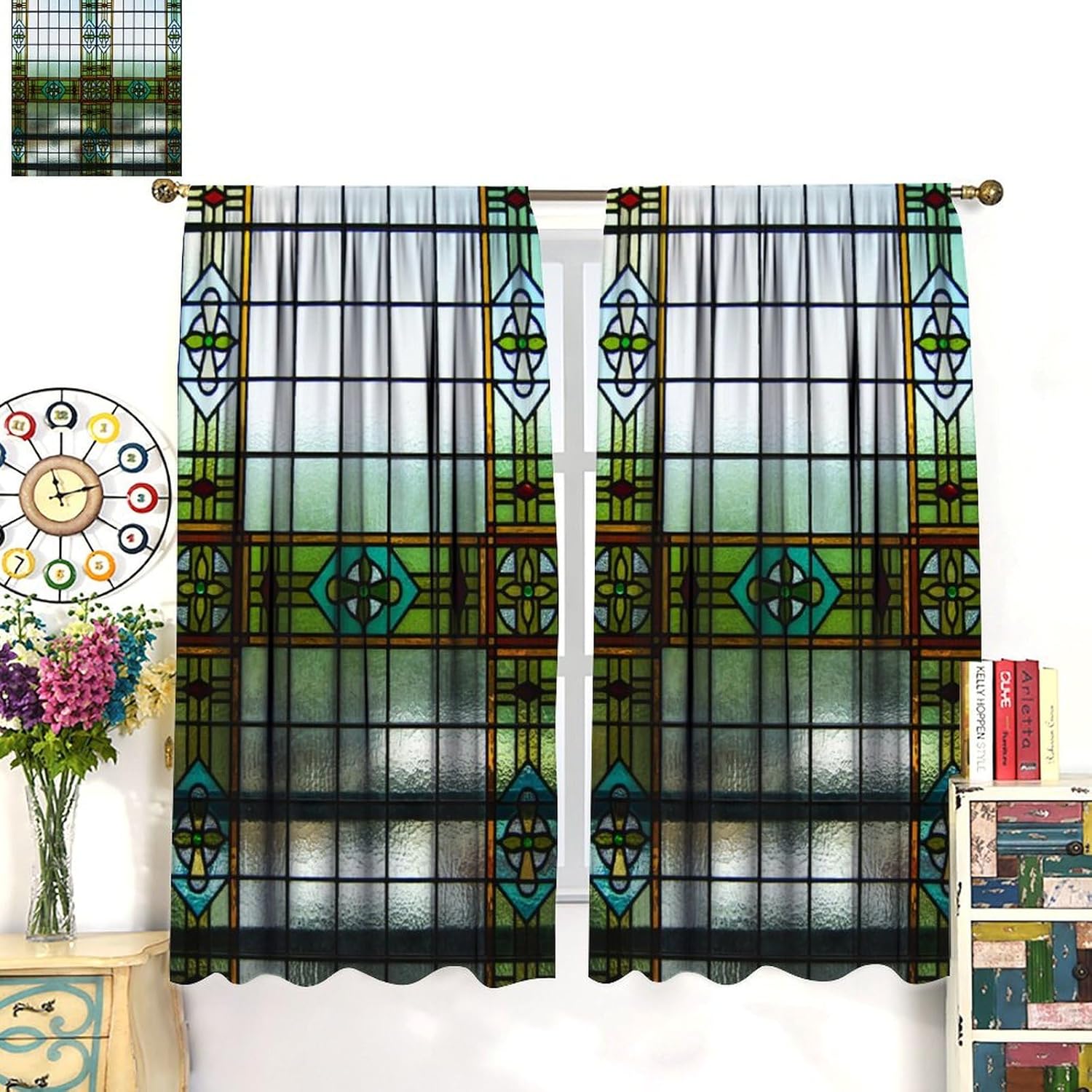 Stained Glass Windows Curtains, Green Glass Mid-Century Vintage Bohemian Abstract Art Window Treatments for Bedroom Living Room Kitchen Café Window Drapes 2 Panels 72x63 Inch