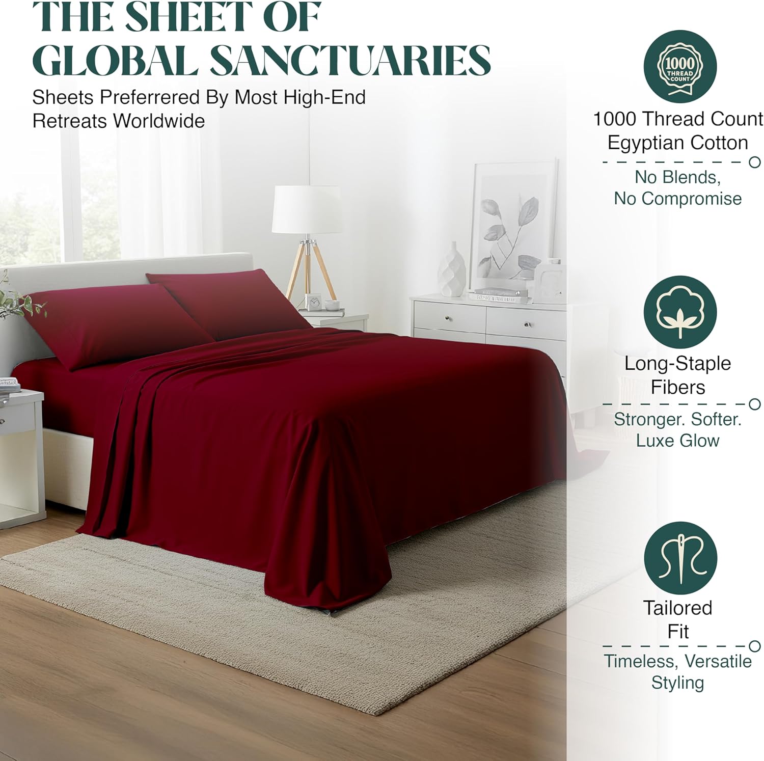 100% Egyptian Cotton Sheet Set 1000 Thread Count Queen Size 4 PCs Sateen Weave Cooling Soft Wrinkle Resistant Luxury 18 inches Deep Pocket|1-1 Fitted Flat Sheets 2 Pillowcases|Burgundy