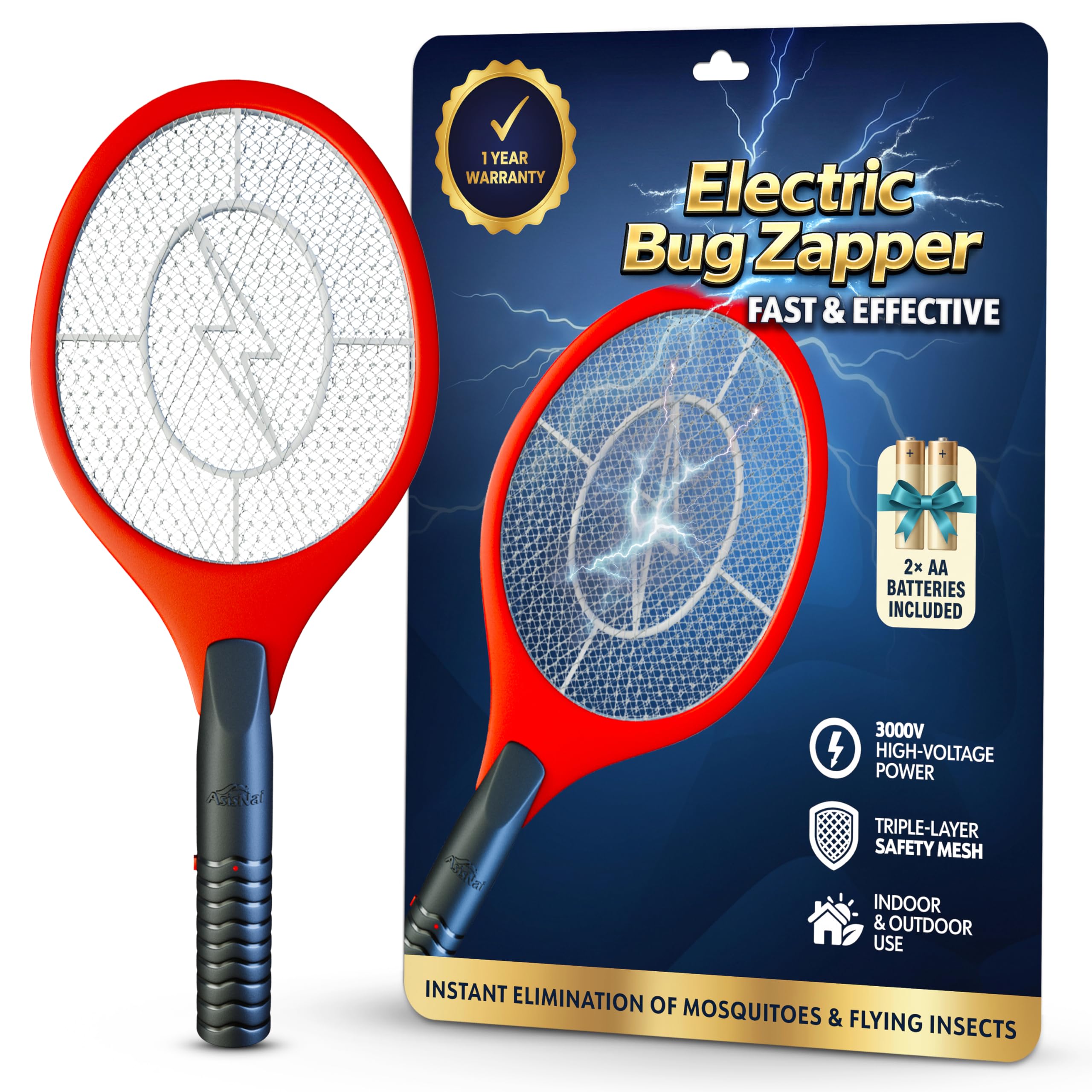 Upgraded Bug Zapper Racket 2025- Big Electric Fly Swatter & Mosquito Zapper for Indoor/Outdoor Insect Control - Battery-Operated Tennis Racket Zap - Portable High Voltage Bug Zapper