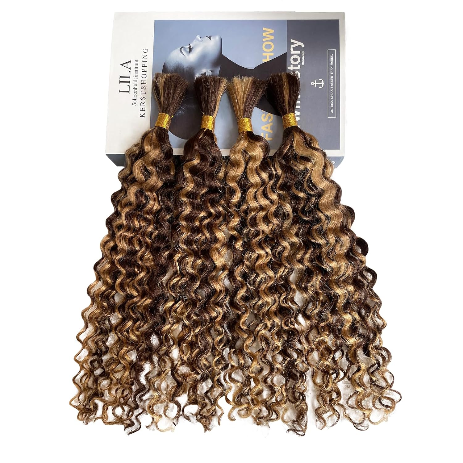 Human Braiding Hair Deep Wave 100g 2 Bundles/Pack Ombre Curly Bulk Hair Wet And Wavy No Weft P4/27 Highlight Brown Human Braiding Hair for Boho Braids 14in