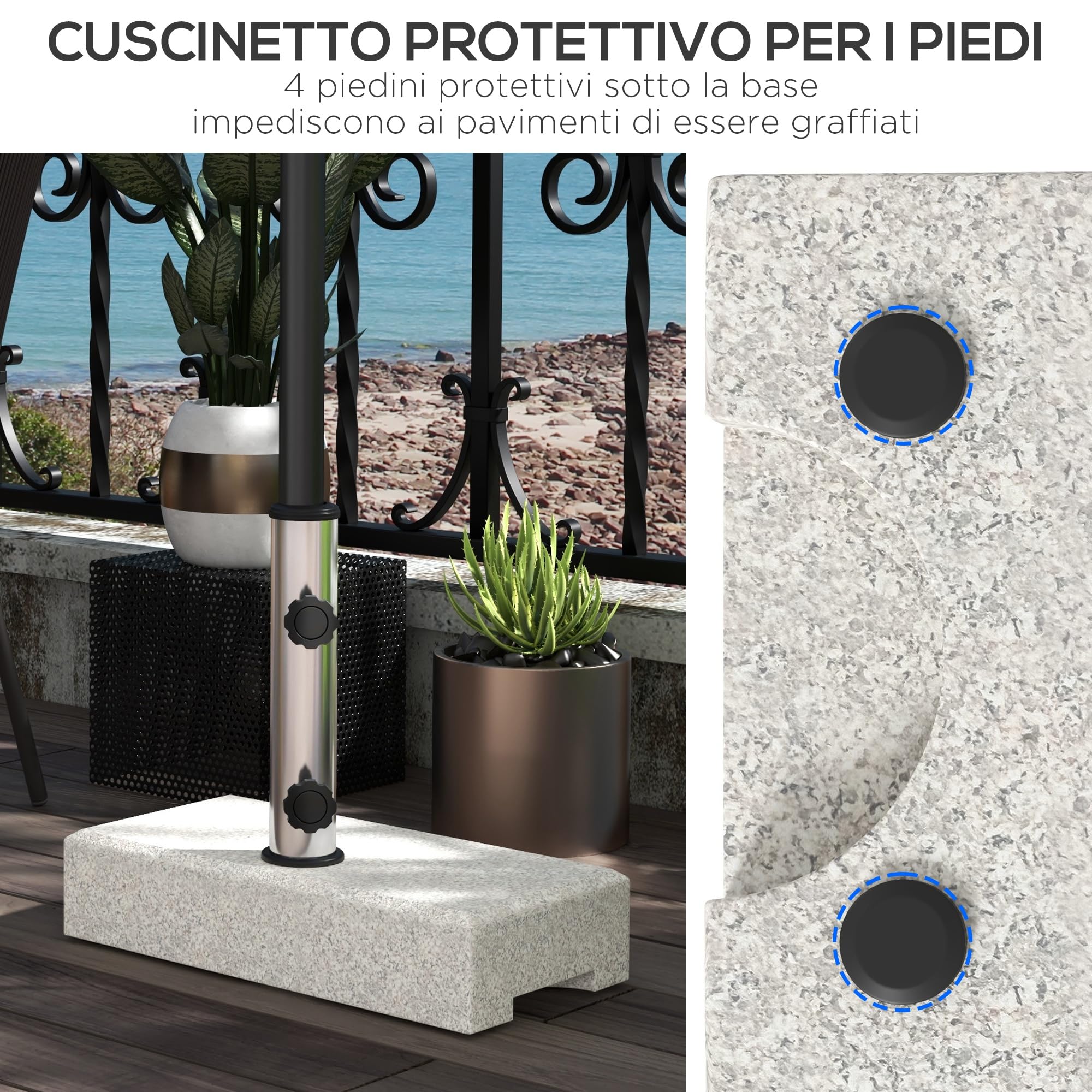 Outsunny Base per Ombrellone da Giardino 25kg per Pali da Ø32mm, Ø38mm e Ø48mm, Base Ombrellone in Granito e Acciaio Inox con Manopole Laterali e Maniglie, 45x22.5x40 cm, Grigia