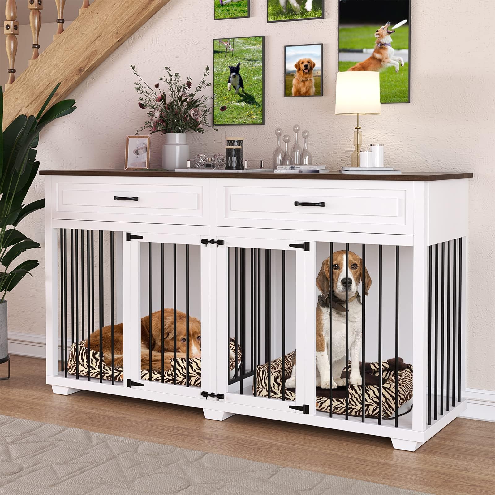 Dog Crate Furniture, Wooden Cage with Divider and 2 Drawers, Heavy Duty Kennel for Large, Medium Dogs, White