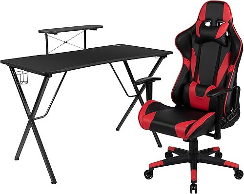 Miniatura 503 de Flash Furniture Juego de escritorio para juegos negro y silla de carreras blanco/negro con soporte para tazas, gancho para auriculares y soporte