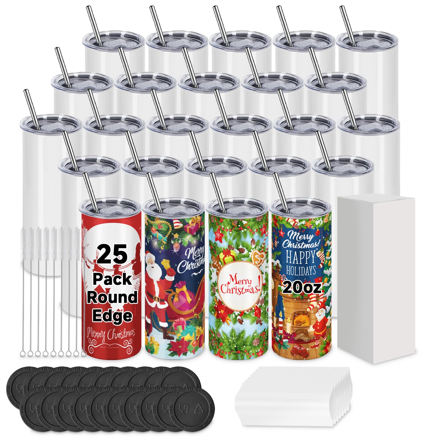 GGQ 25 sztuk kubków sublimacyjnych, luzem, 590 ml, ze stali nierdzewnej, izolowane, proste kubki z pokrywkami i słomkami, pojedyncze pudełko, powłoka polimerowa do przenoszenia ciepła, 25 szt