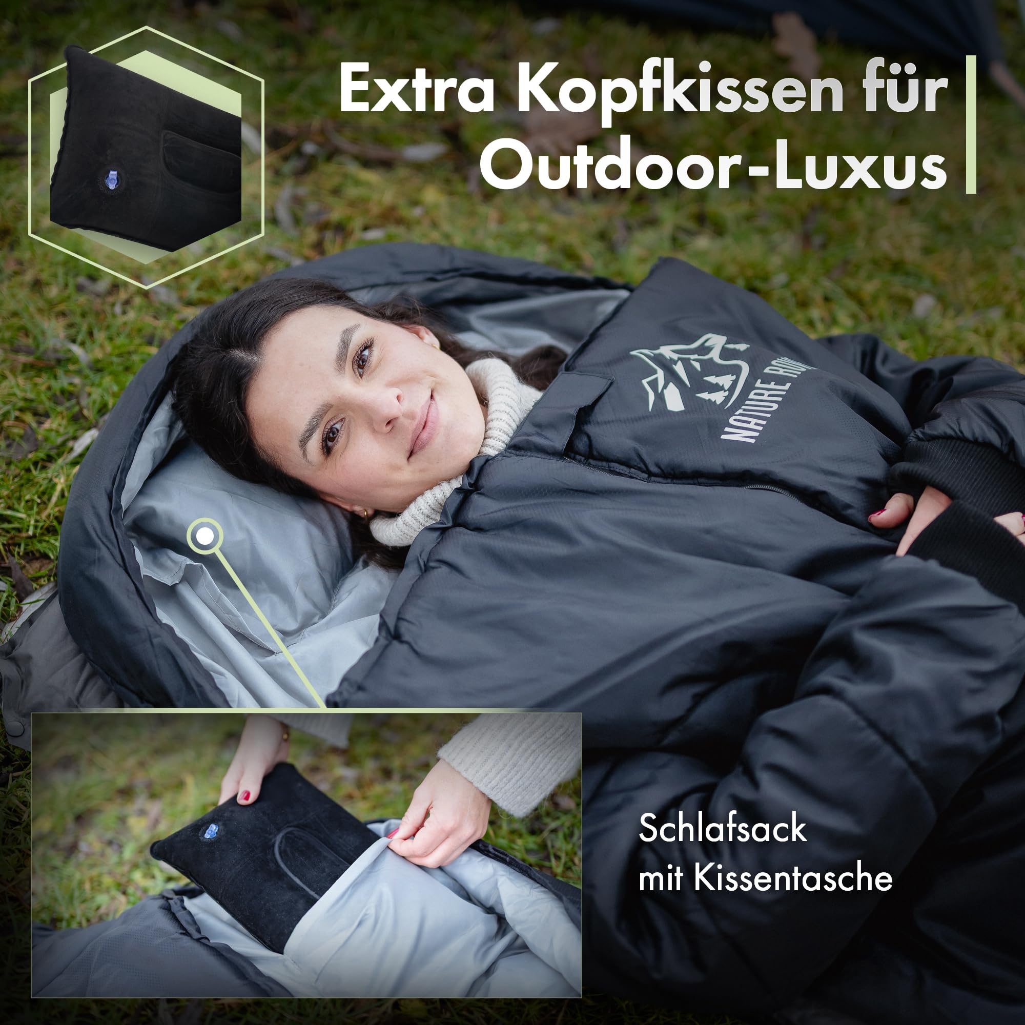Schlafsack [mit Ärmeln] – Schlafsäcke für Erwachsene, Outdoor & Camping [3 Jahreszeiten] Deckenschlafsack mit Öffnungen an den Füßen | 220x80cm, wasserabweisend | Inkl. Kissen | Nature Rovers