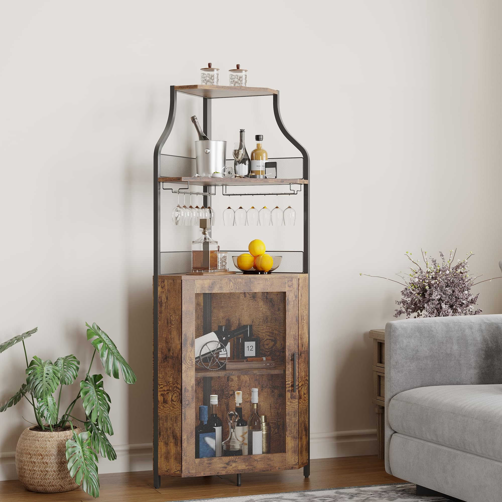 GarveeHome - Mueble esquinero para barra de vino con iluminación LED, 5 pisos ajustables y soporte para vasos integrados, ahorro de espacio de 35 cm para espacios reducidos (estilo loft retro