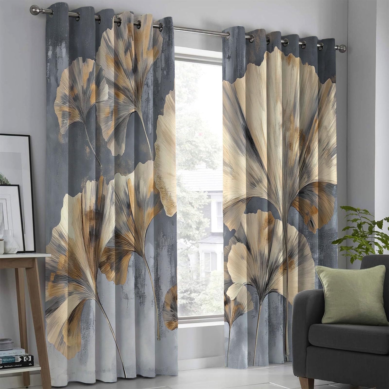 Rideau Occultant Thermiques 140x180 cm Feuille De Ginkgo Vintage Isolant Anti Froid Chaleur pour Salon Chambre Séparation de Pièce pour Cuisine Rideau Dressing Lot de 2 à Oeillets