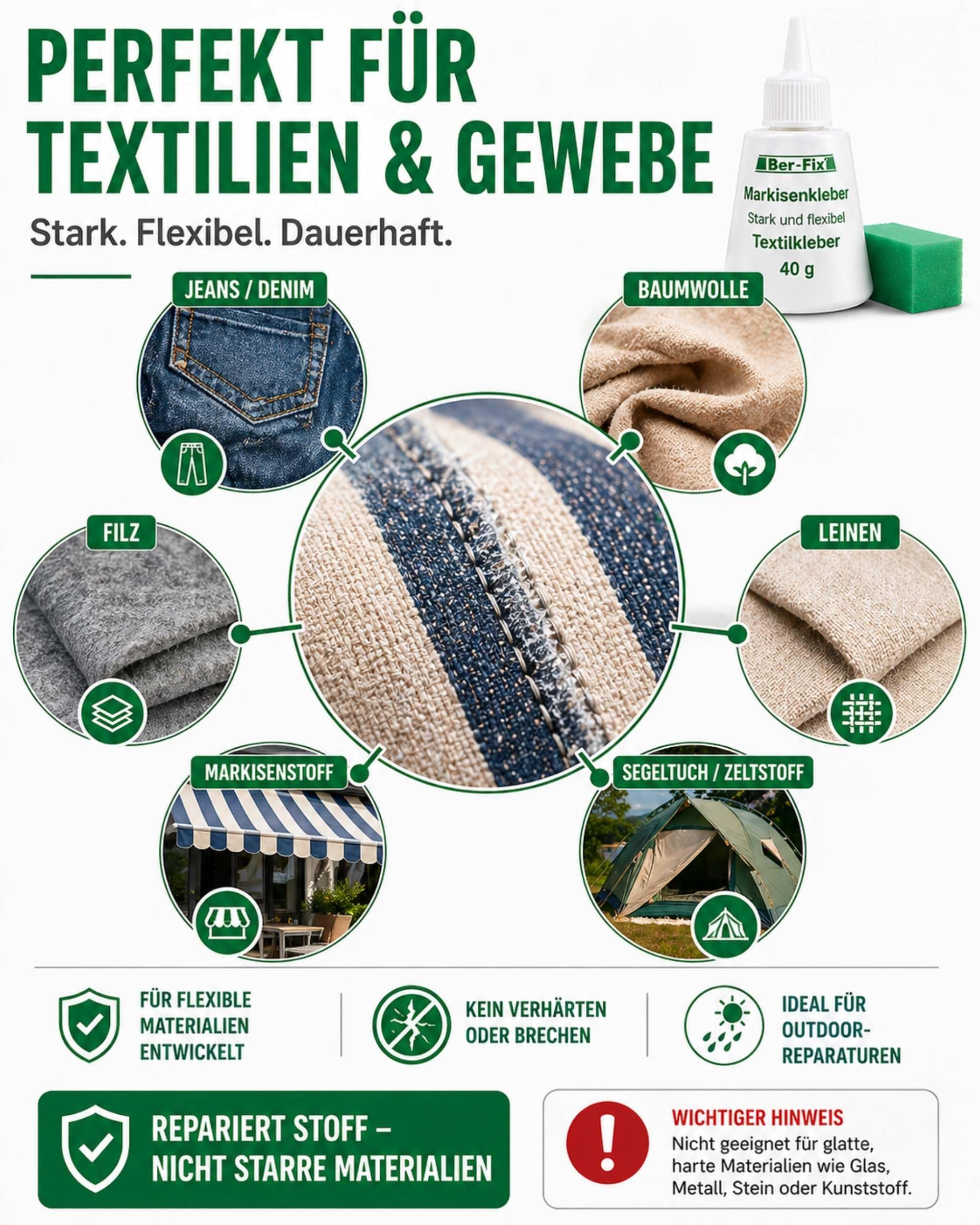 Ber-Fix® Textilkleber 500g XXL-Vorratsflasche – Wasserfester Stoffkleber extra stark – Transparenter Kleber für Stoffe, Baumwolle, Jeans, Filz, Leder & Markisen – Waschmaschinenfest