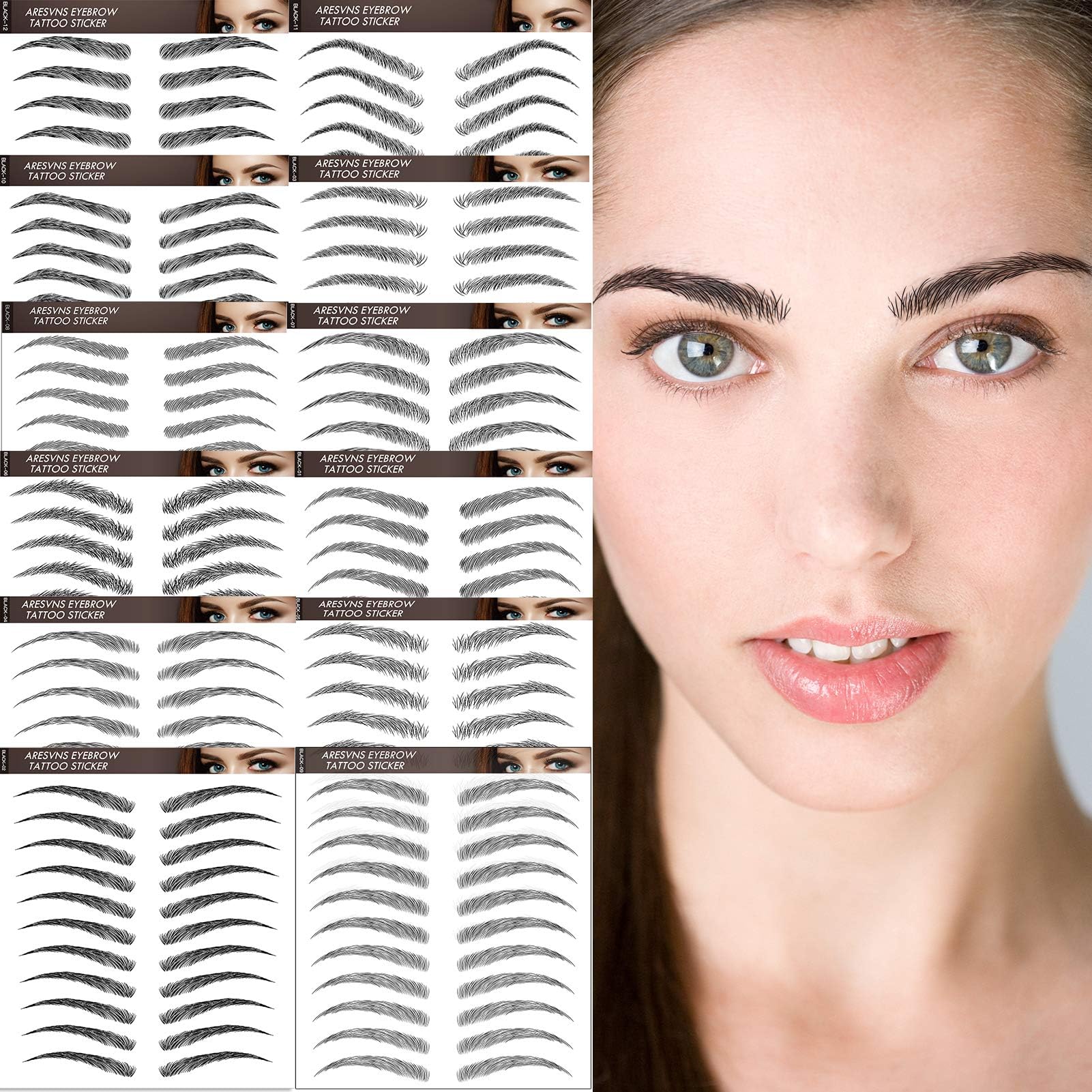 Aresvns Black Eyebrows Tattoo Sticker 132 Pairs, 4D Fake Eyebrows,12 Popular Eyebrow Shapes,Suitable Size,Good looking Eyebrows Tattoo Waterproof and Long-Lasting 3-4 days Christmas Gift