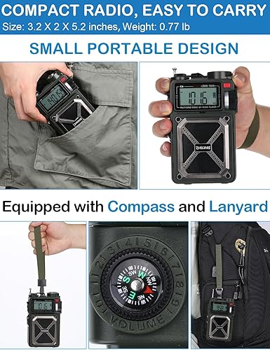 Miniatura 8 de ZHIWHIS Radio de onda corta con Bluetooth, radios de emergencia meteorológica AMFMSWNOAA, manivelasolar4000mAhSOSruido blancobajolinternareceptor