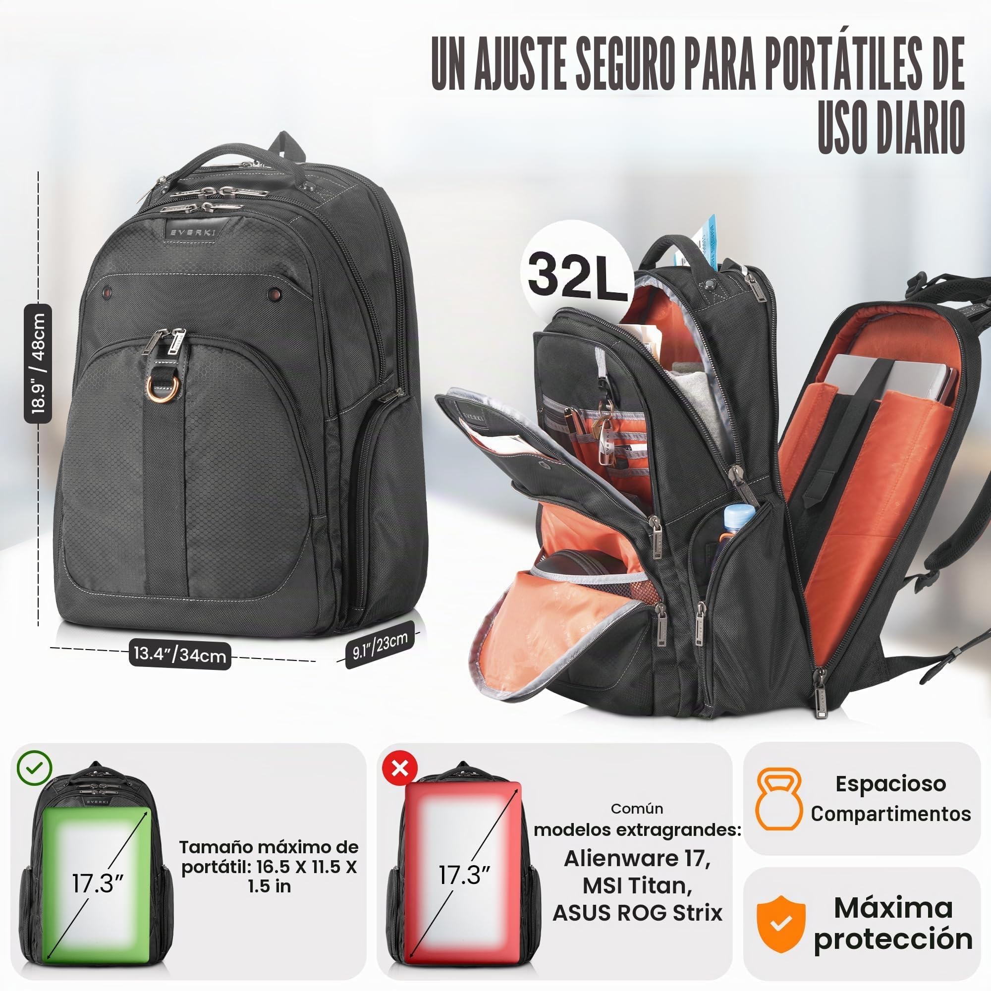Everki Atlas 17 mochila para portátil 32 L – compartimento ajustable para 13"–17,3", mochila business y de viaje para mujer y hombre, oficina/universidad, bolsa resistente – Negro