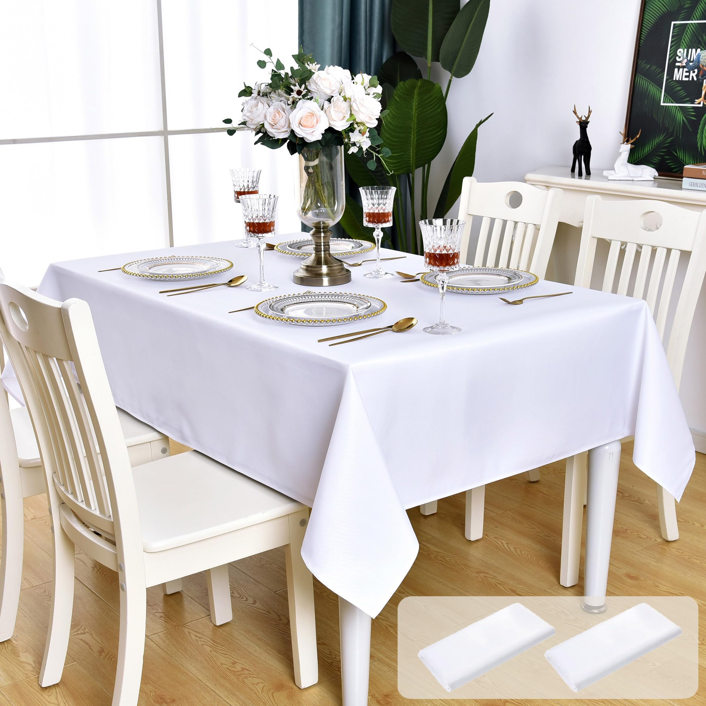 KAIPHO 2 Pack White Rectangle Tablecloth Waterproof Stain Resistant Wrinkle Free Table Cloth 210GSM Polyester Wipeable Table Cover for Party, Banquet