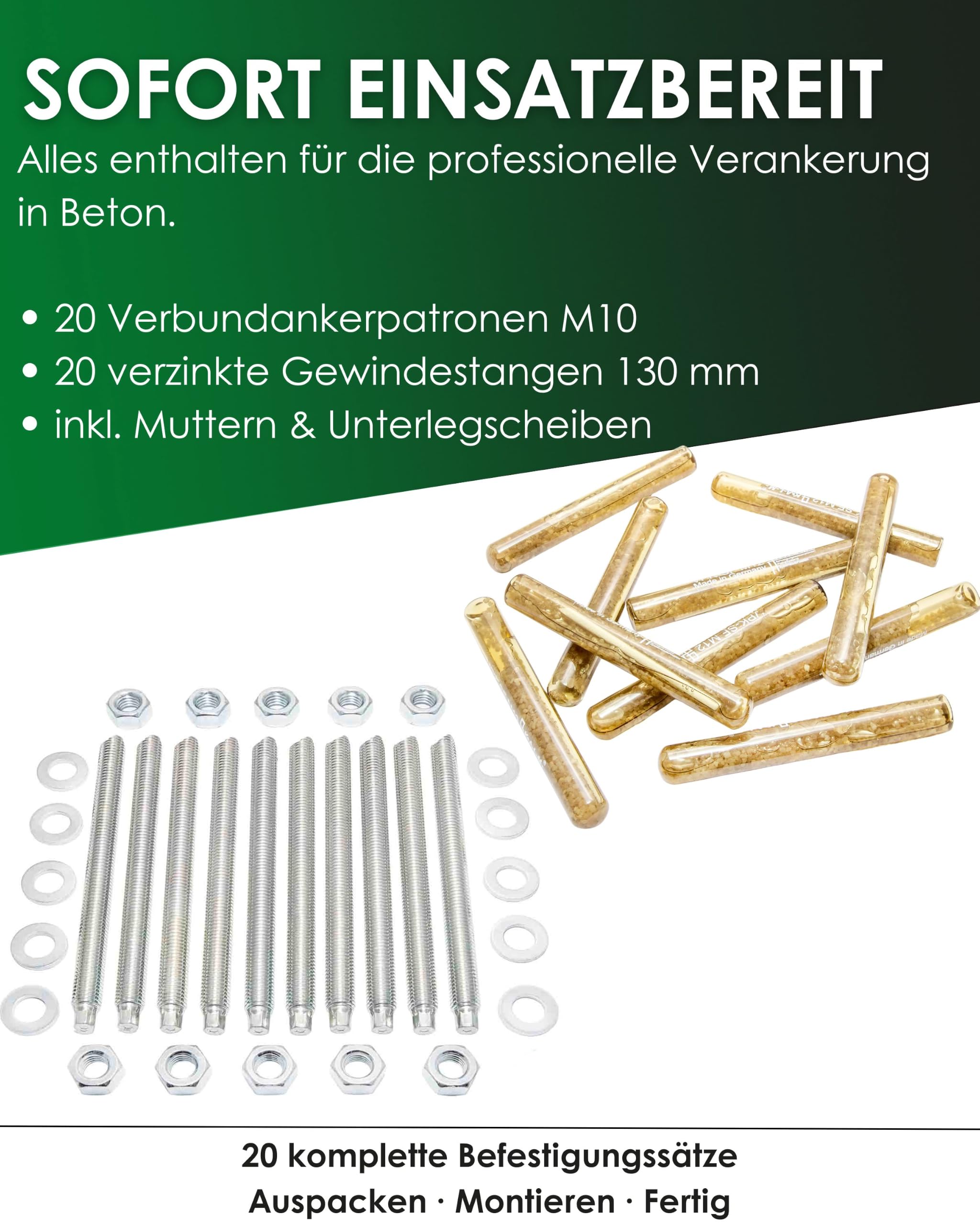 Verbundanker M10 x 130 mm Set verzinkt für Beton 20er | Inkl. Gewindestange, Mutter & Unterlegscheibe I Für Zaunpfosten, Tore & Geländer