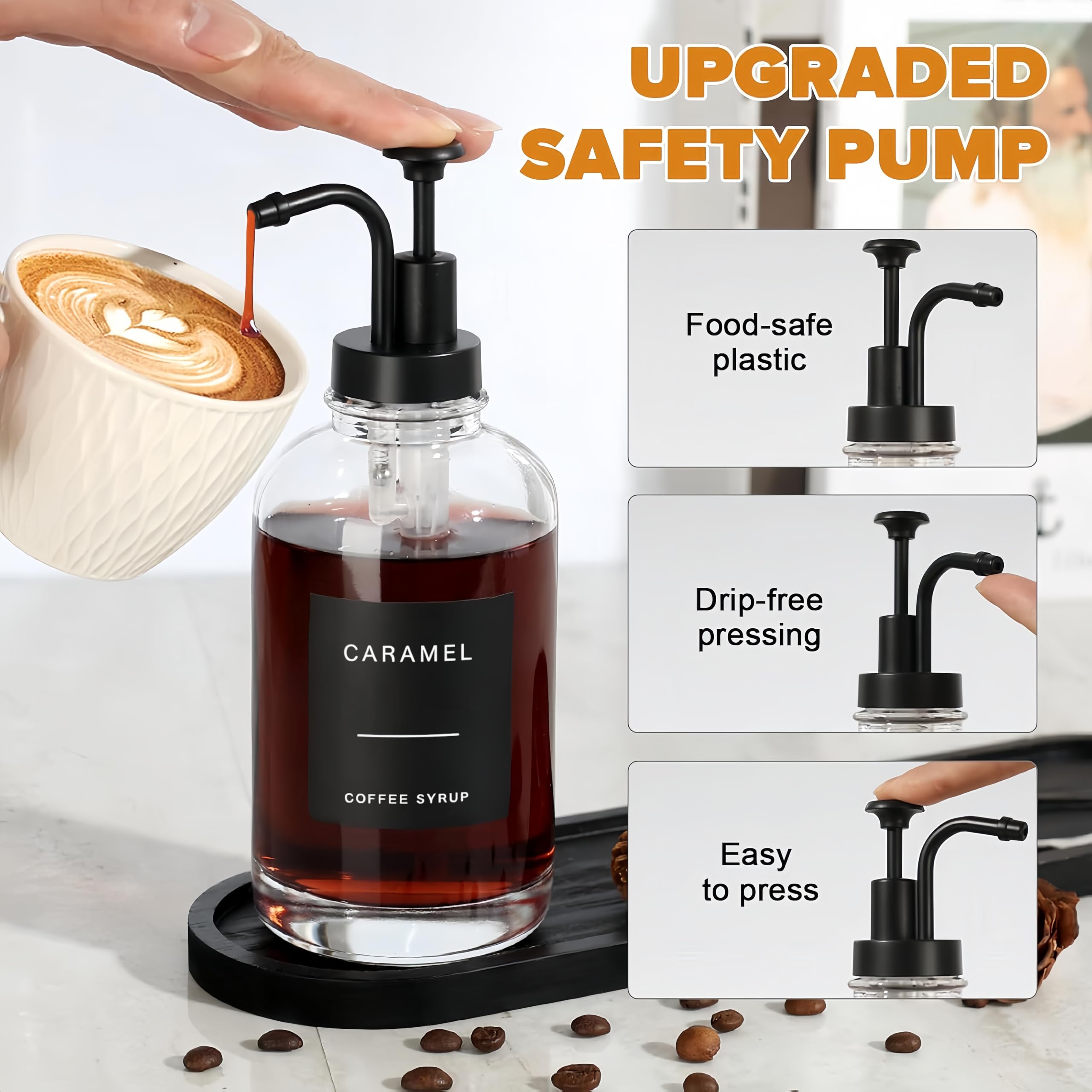 BIKALAN Sirup Spender für Kaffeebar, 500ml Kaffee Sirup Flaschen für Kaffeestation, Kaffeesirup Pumpspender für Küche mit 36 Aufkleber, Faltbar Trichter aus Silikon, 16.9 oz, 4 Packung