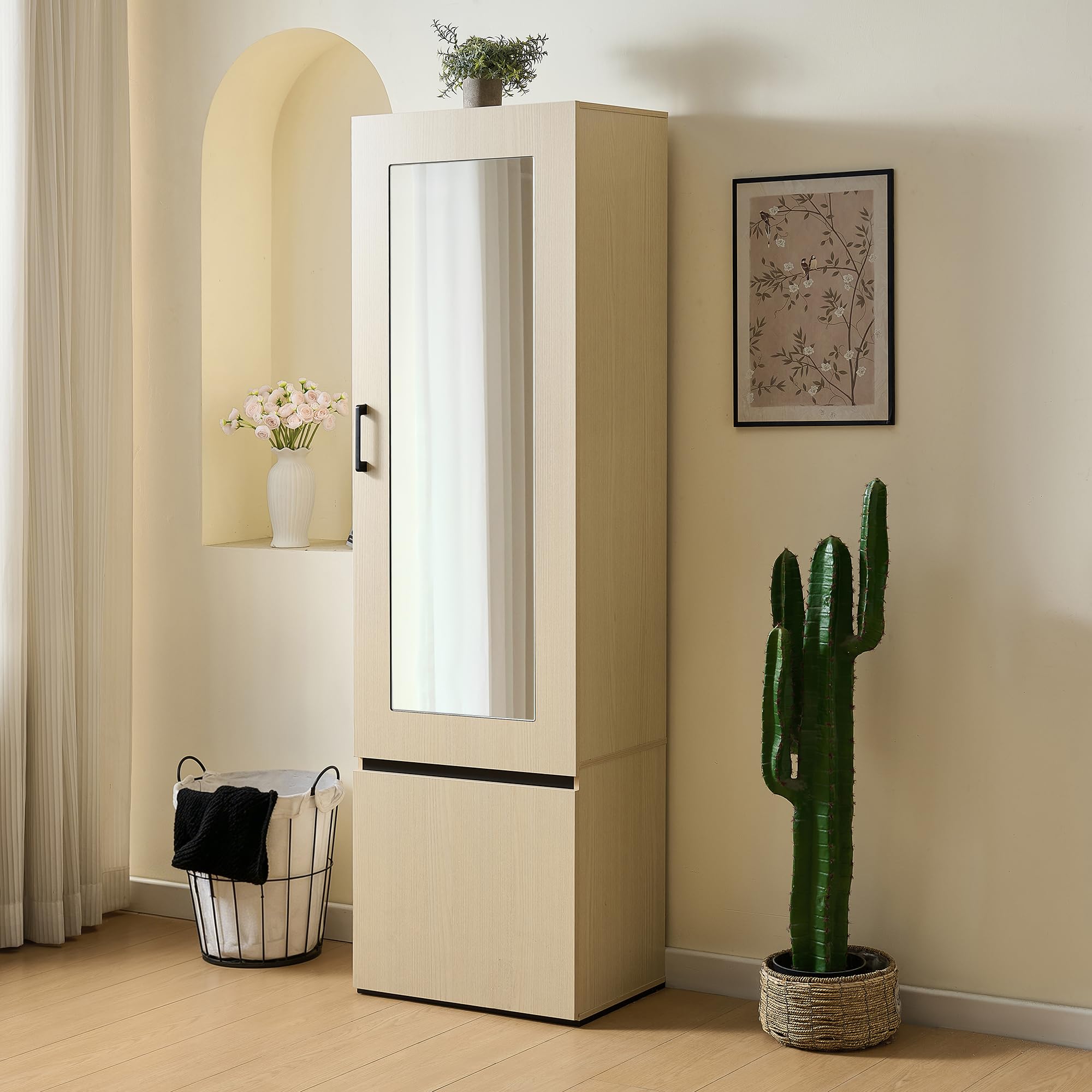 REXO Armario estrecho con espejo y barra extensible, armario moderno para pasillo, dormitorio y apartamento