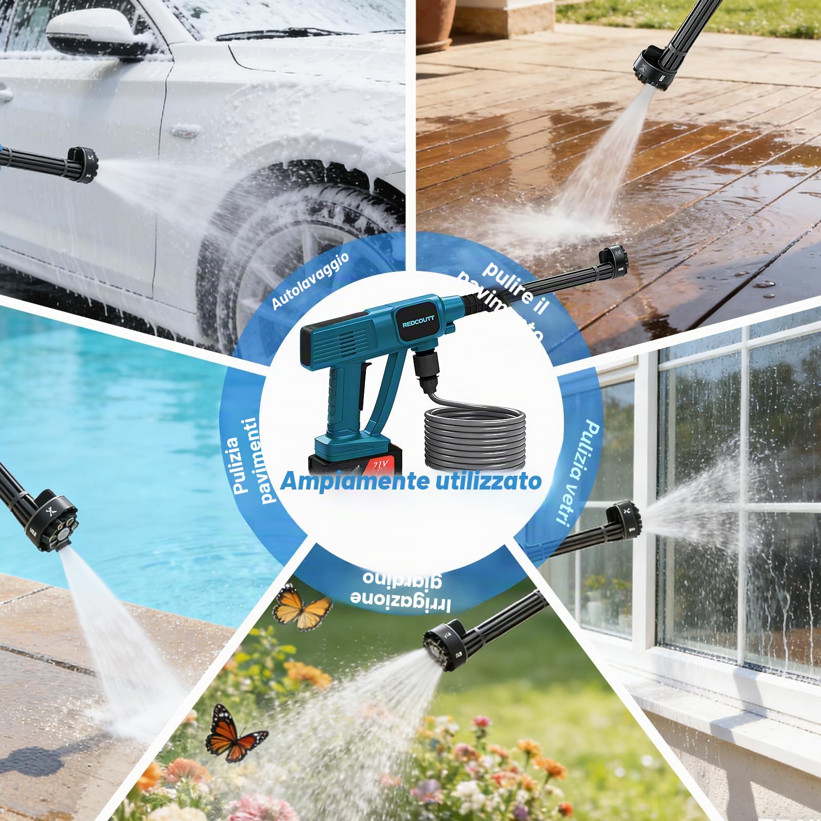 Idropulitrice a Batteria, Pistola Idropulitrice da 21V, Dotata di 2 Batterie da 4000 mAh, Ugello Multifunzione 6 in 1, Tubo da 5M, Batteria per Lavaggio Auto e Giardino