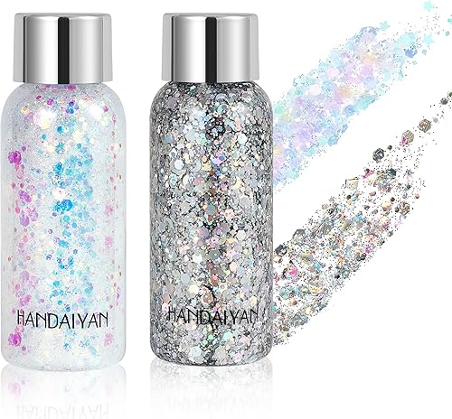 Paquete de 2 botellas de gel con purpurina corporal holográfica de larga duración para cabello, cuerpo y uñas, maquillaje corporal líquido de 9