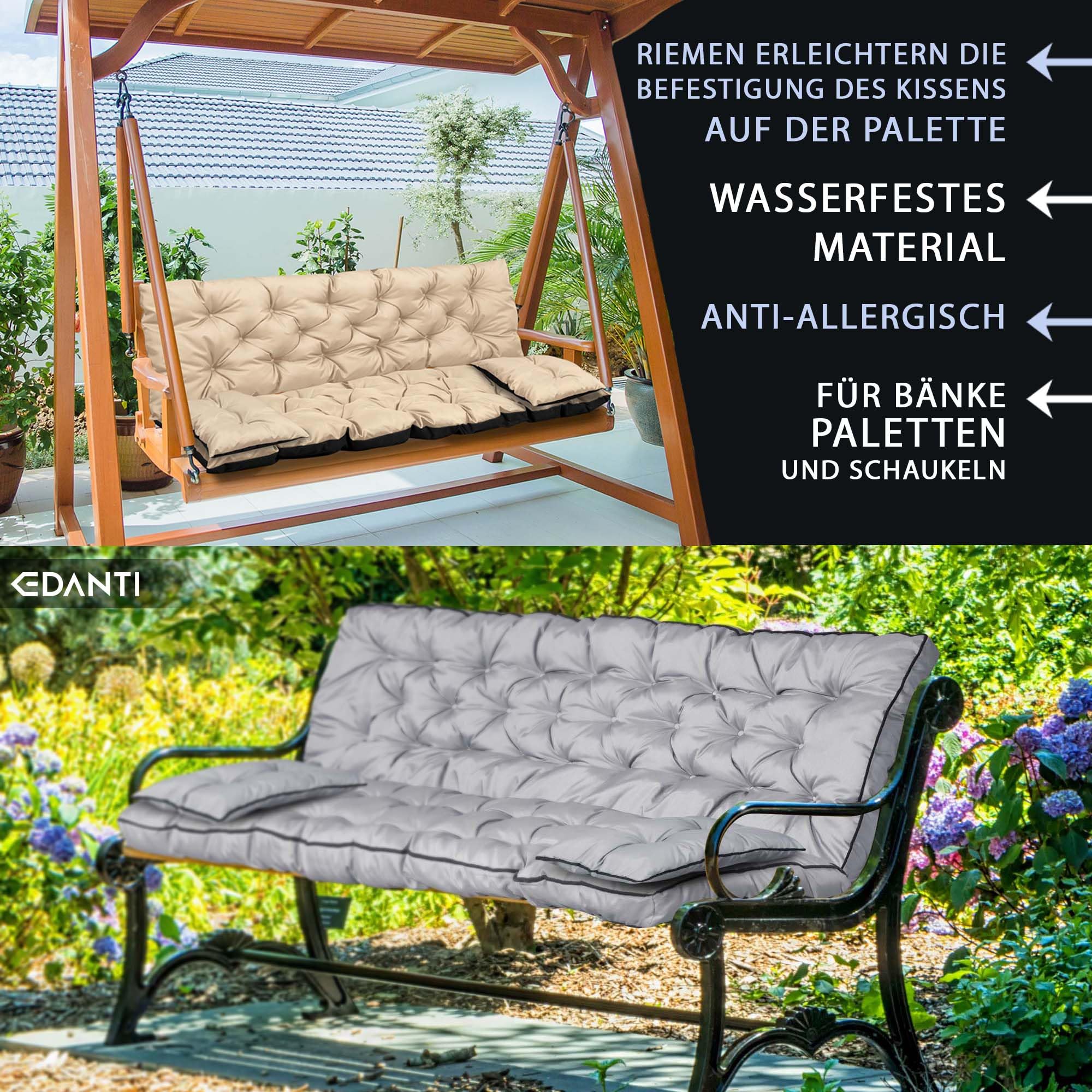 Set di cuscini EDANTI per panca altalena da giardino, cuscini per mobili da giardino, cuscino per panca impermeabile + 2X cuscini più piccoli (Beige, 150x60x50 cm)