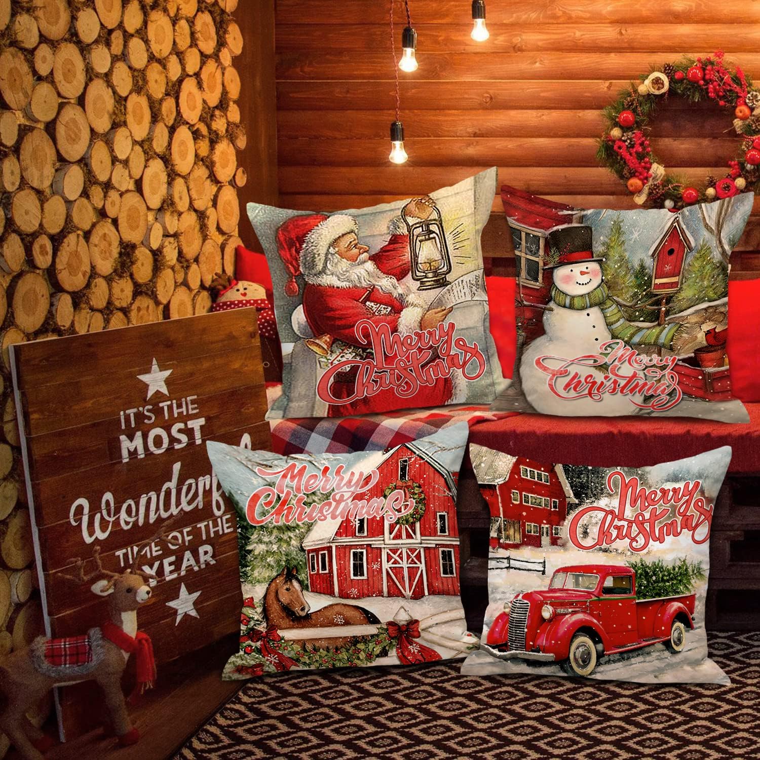 Lanpn Vintage Merry Christmas Throw Pillow Covers 26x26 Set of 4, Decorative 26 inch Retro Xmas Santa Cushion Covers Pillow Cases for Home Bedroom Room Holiday Couch Decor Decorations