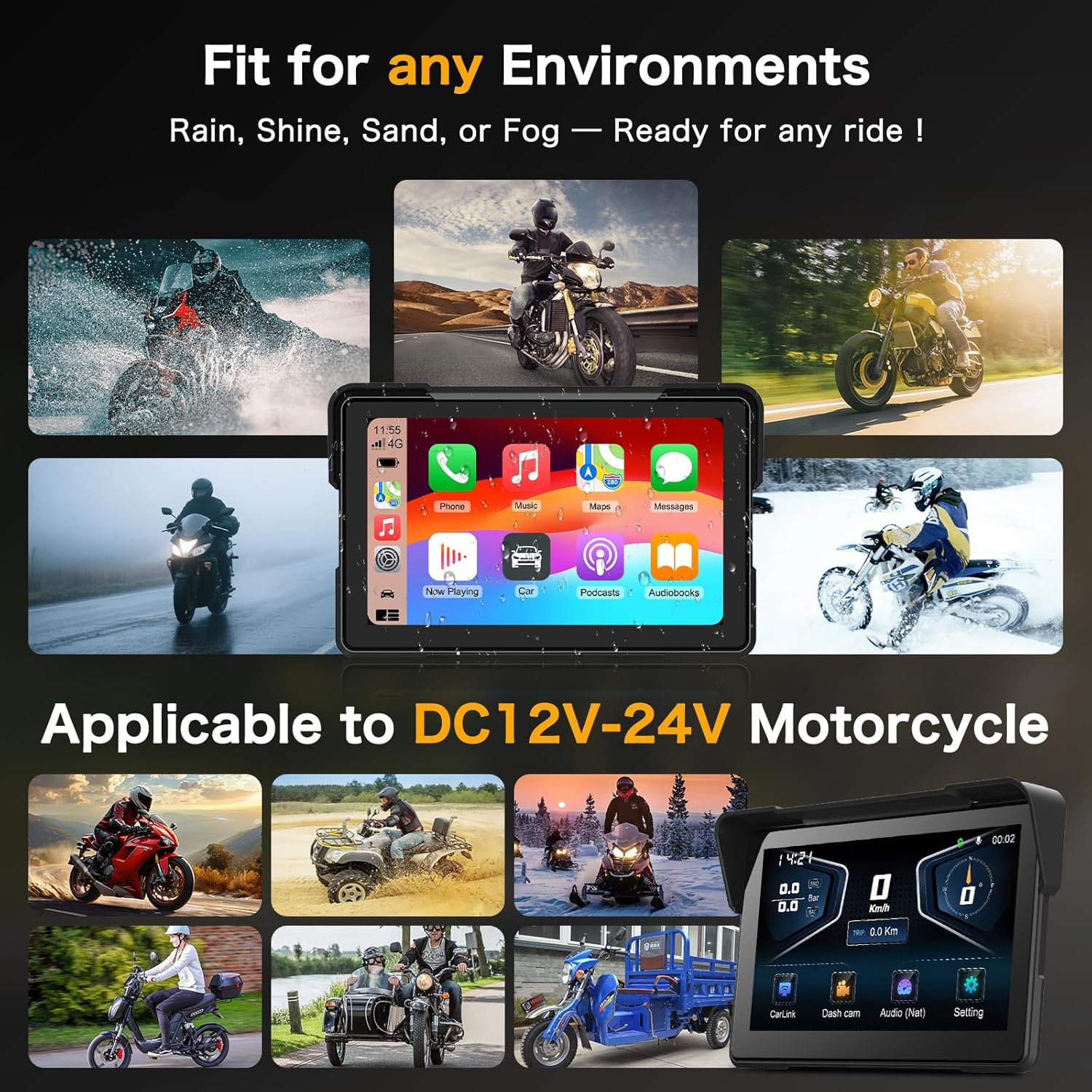 Motorcycle screen displaying real-time speed, altitude, and compass