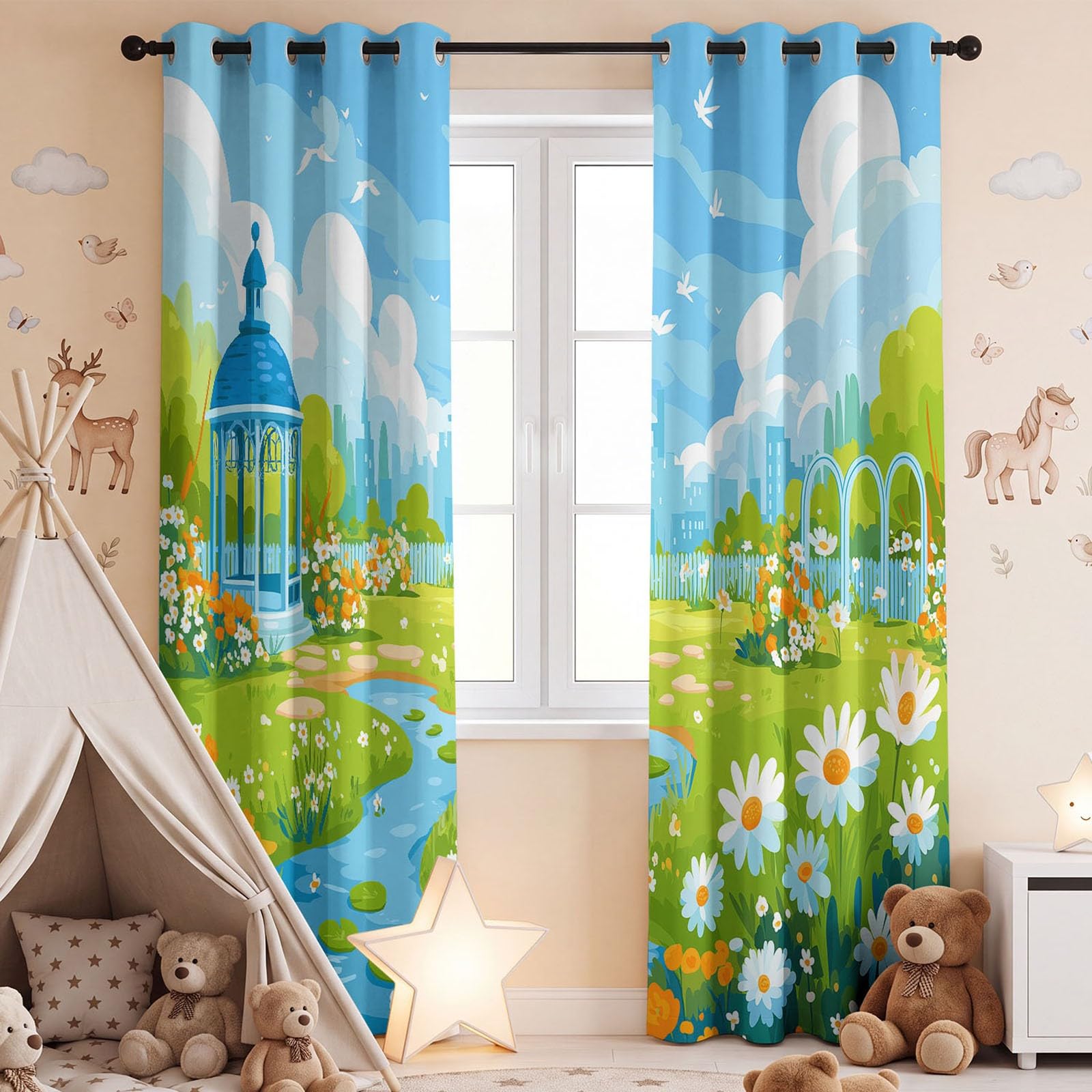 Cortinas ocupantes estilo rural jardín estampadas flor de margarita lavable a máquina, ideal para niños jugadores en sus dormitorios y salas de estar, 110 x 215 cm(2 paneles)