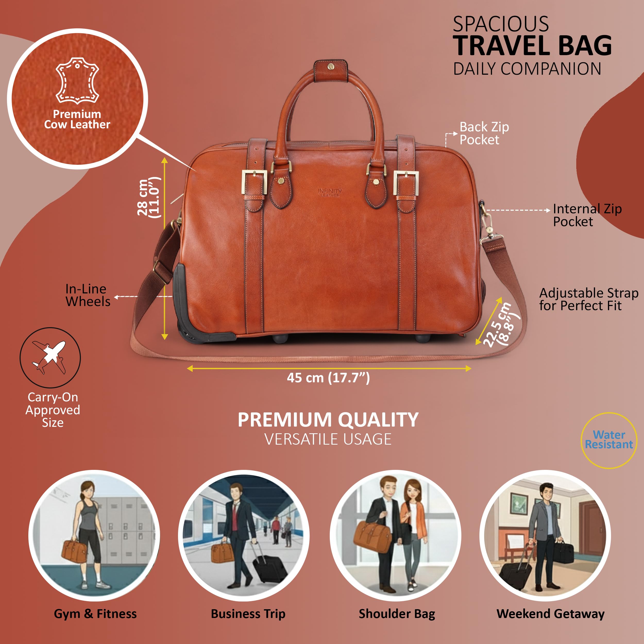 Reisetasche Mit Rollen aus Echtem Leder 43 l Vintage Reisetasche Für Herren Weekender Aus Rindsleder Mit Schultergurt, Messingbeschlägen und Nylonfutter