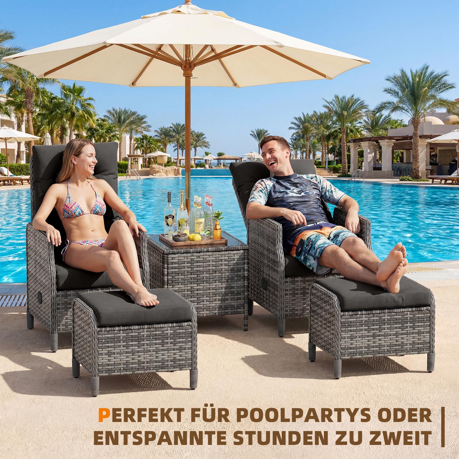 UDPATIO Rattan Gartenmöbel Set 5-teilig mit Verstellbaren Sessel, Fußhocker und Couchtisch | Lounge Möbel Outdoor Set | Balkonmöbel Kleiner Balkon | Wetterfest Terrassenmöbel | Schwarz