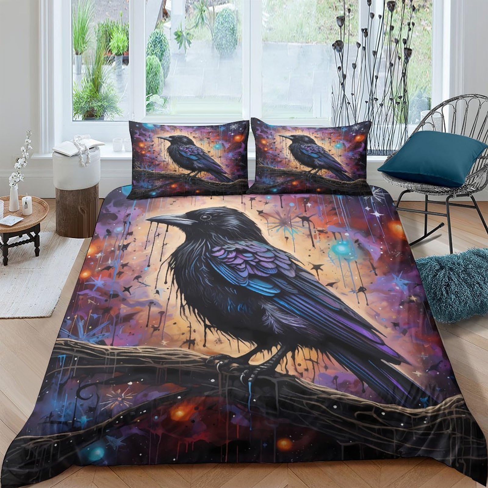 Ctjqhvkz Style-1 3D Printed Cosmic Raven Fitted Sheet Microfiber Soft Black Bird Art Mattress Cover For Bedroom Dorm Decor Single（135X200cm）