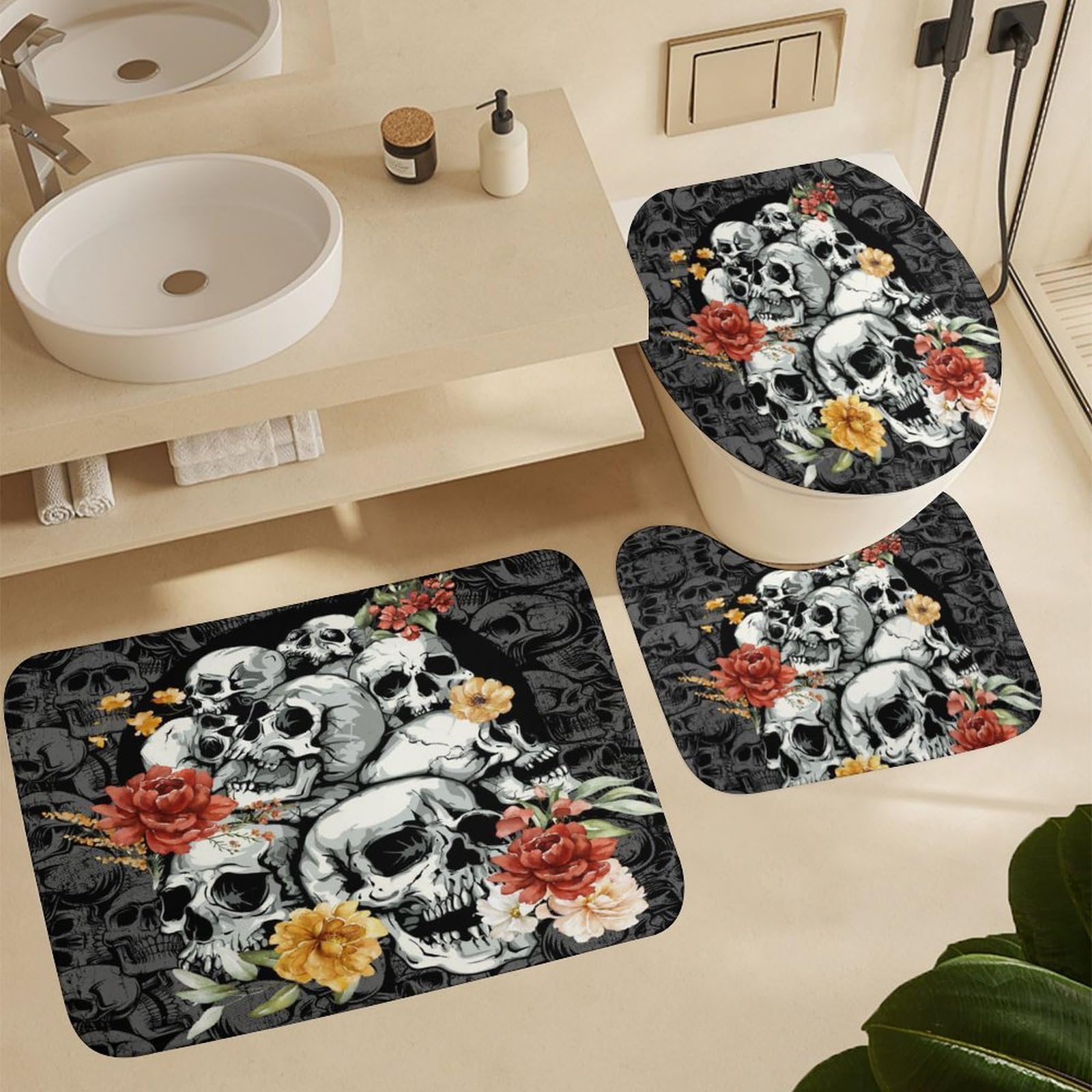 COALHO Juego de 4 cortinas de ducha impermeables con diseño de calavera de rosas rojas, fantasía, abstracto, gótico, esqueleto, con cubierta de inodoro impermeable, alfombra de ducha, 183 x 183 cm