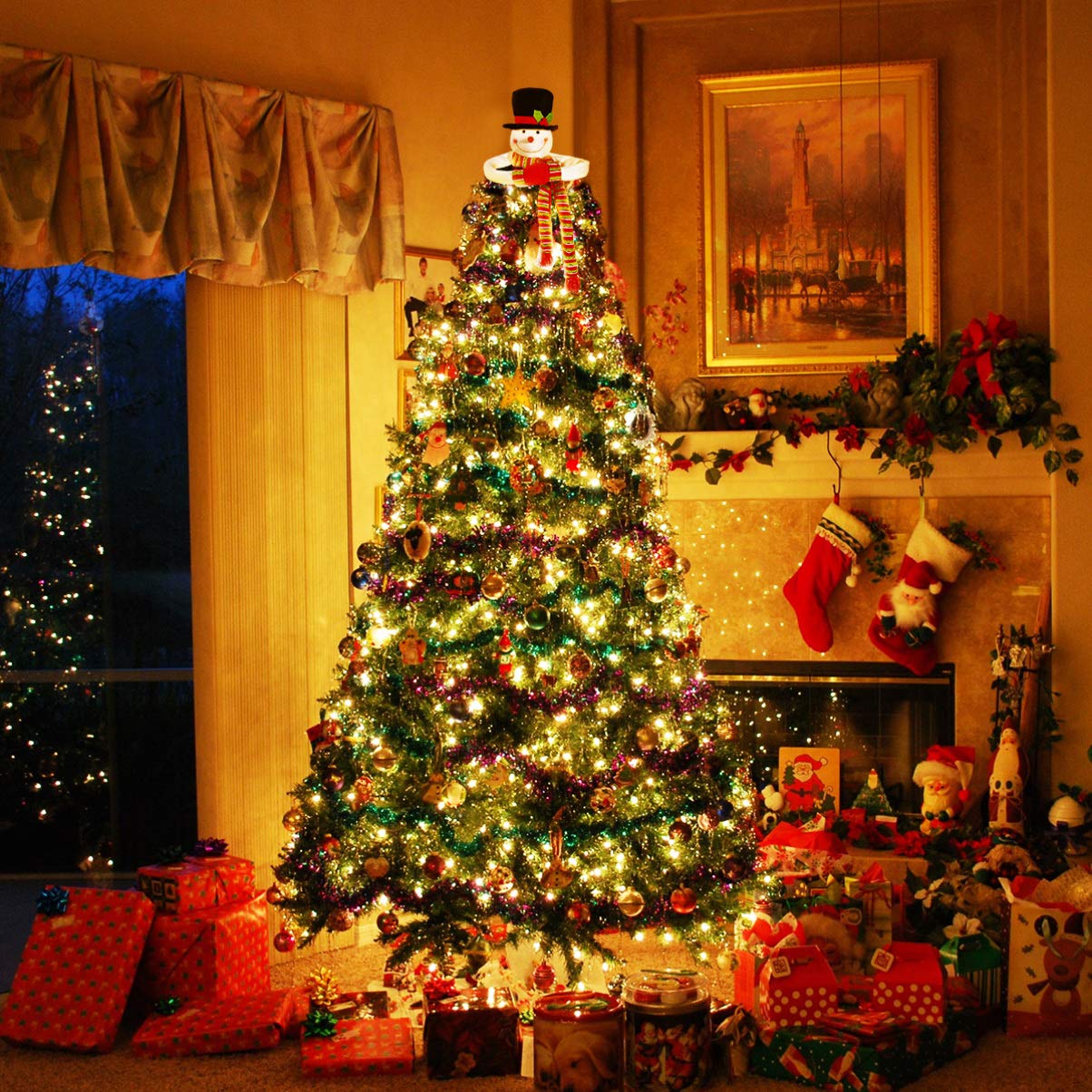 Cimier Le Sapin De Noël, Bonhomme De Neige Câlin Sommet du Sapin De Noël d'arbre Extérieur Décorations De Câlin De Bonhomme De Neige Chapeau Ménage Brillant à Lèvres