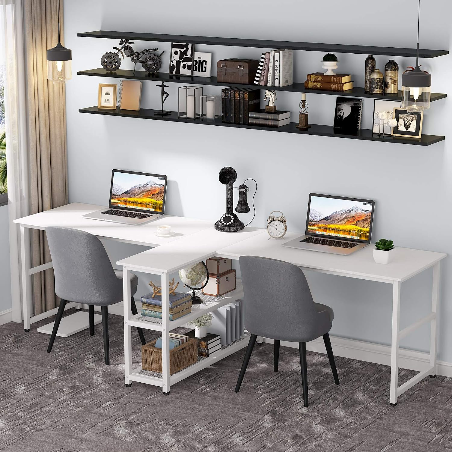 Tribesigns 90.5 inch Computer Desk, Extra Long Two Person Desk with Storage Shelves, Double Workstation Office Desk Study Writing Desk for Home Office (White, 90.5x21.7 in)
