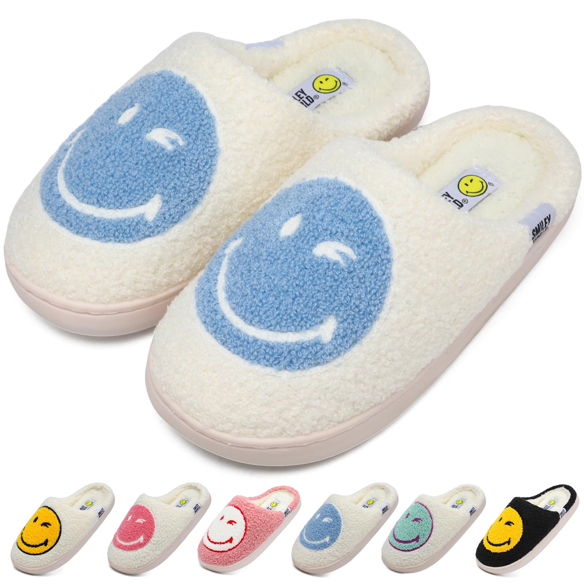 Smile Face Slippers for Womens Mens Soft Plush House Slippers Retro Happy Slip-On Slides Winter Warm Comfy Memory