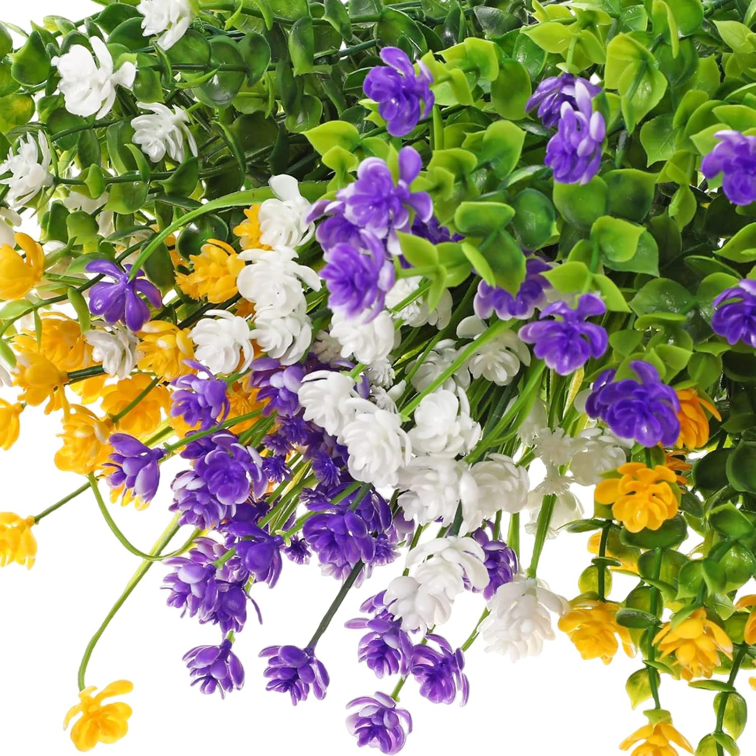 WILLBOND 36 Bundles Artificial Flowers Outdoor, UV Resistant Faux Artificial Plants Shrubs Flower Bulk for Hanging Planter Porch Window Home Wedding Spring Summer Decor (Yellow,Purple,White) - Image 3