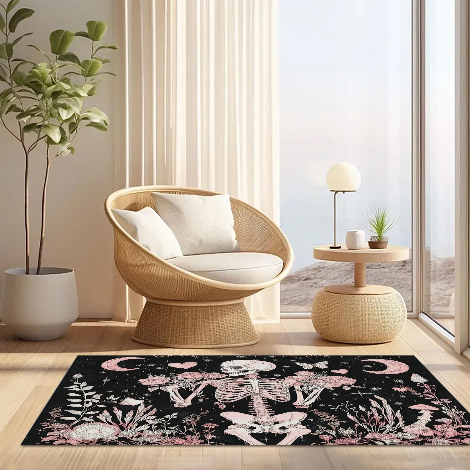 Zerbino per Ingresso 60 x 90 cm, Tappetino Rose Rosa Luna Scheletro Umano, Zerbini Guarigione Stile Oscuro Con Fondo Gomma Antiscivolo per Corridoio, Porta D'ingresso, Camera Da Letto