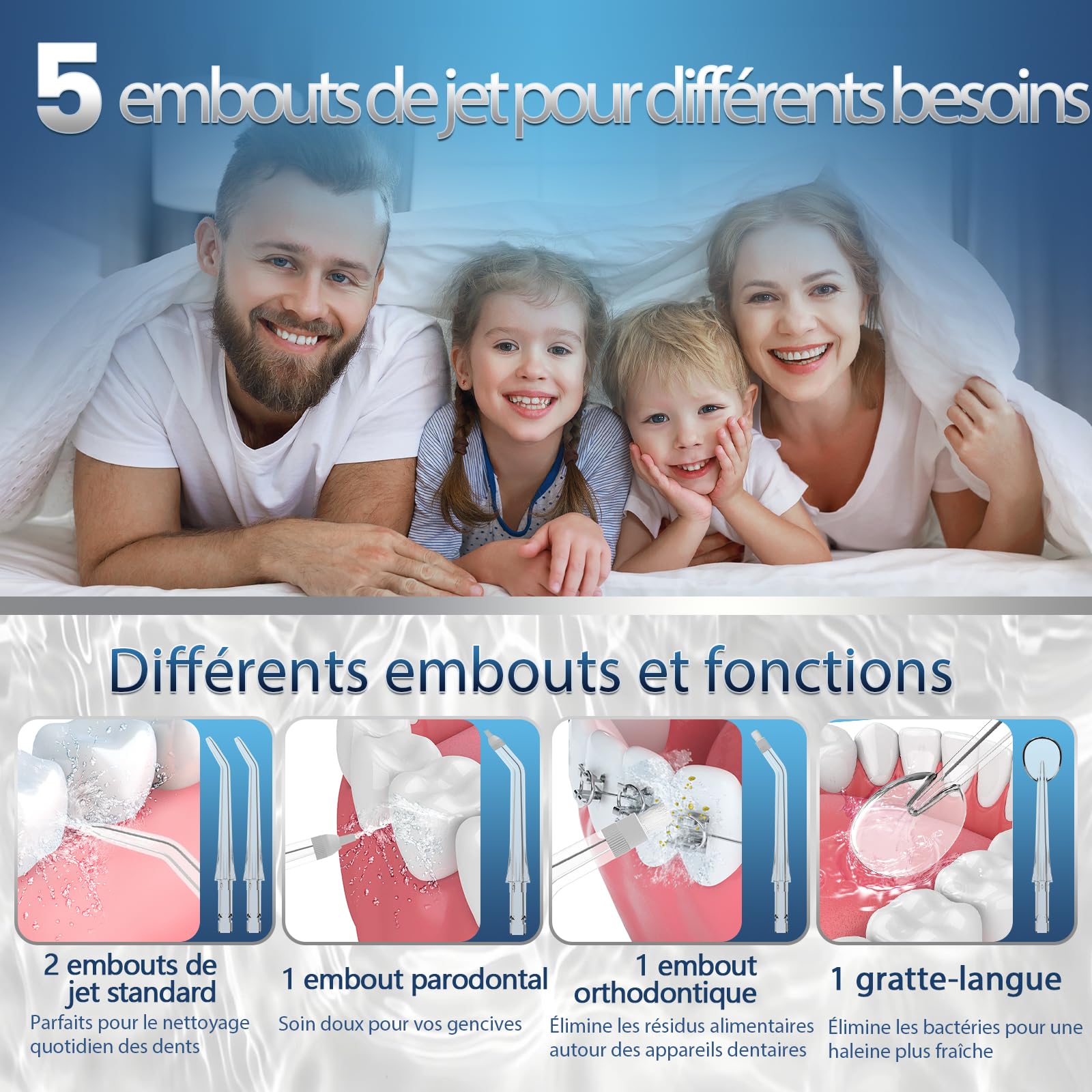 OasiSmile Jet Dentaire Hydropulseur: 5 Embouts Rotatifs 360°, 4 Modes & DIY Pression Réglable, Nettoyage Dents, Irrigateur Oral Étanche IPX7, Hydropulseur Portable 300 ML, Maison et Voyage, Violet