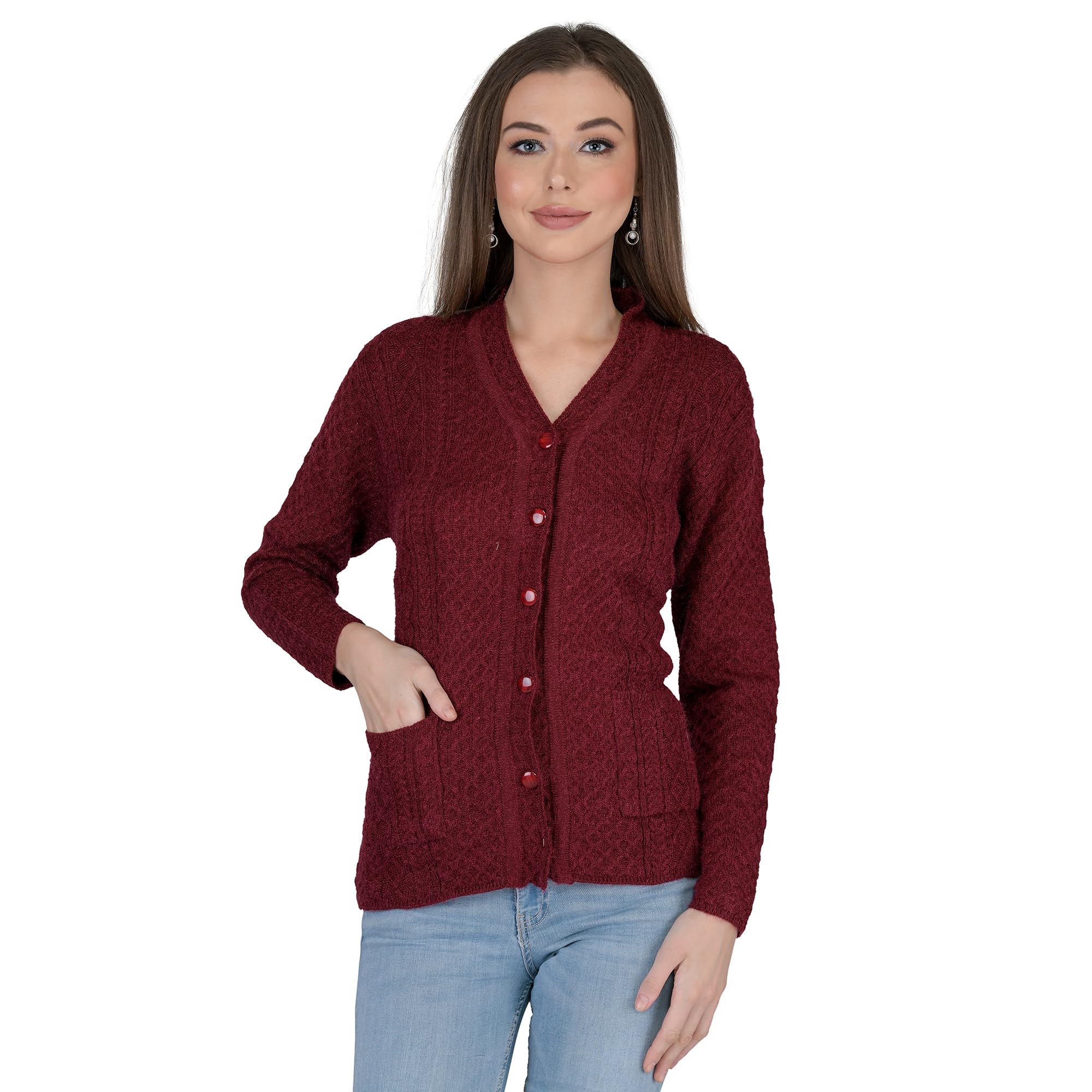 lady willington Women's Woolen V-Neck Self Design Rainbow Fabric Cardigan - Winter Wear Pure Wool Cardigan for Women - Free Sizes (XL, Maroon)-picture-41