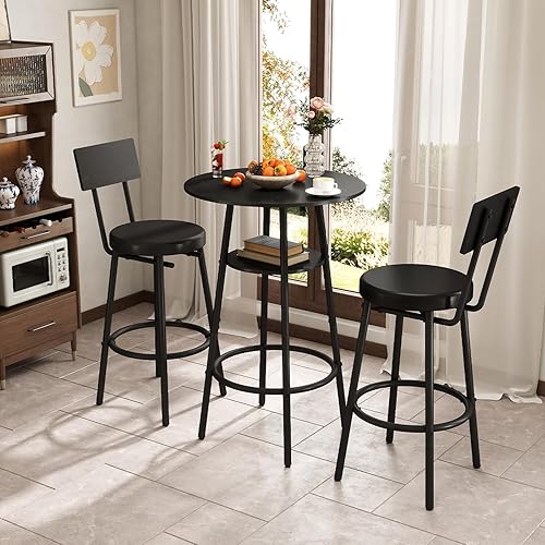 Miniatura 7 de Juego de mesa redonda de bar de 3 piezas, mesa de comedor pequeña para 2, mesa de bar de cocina negra, mesa de desayuno con almacenamiento, 2