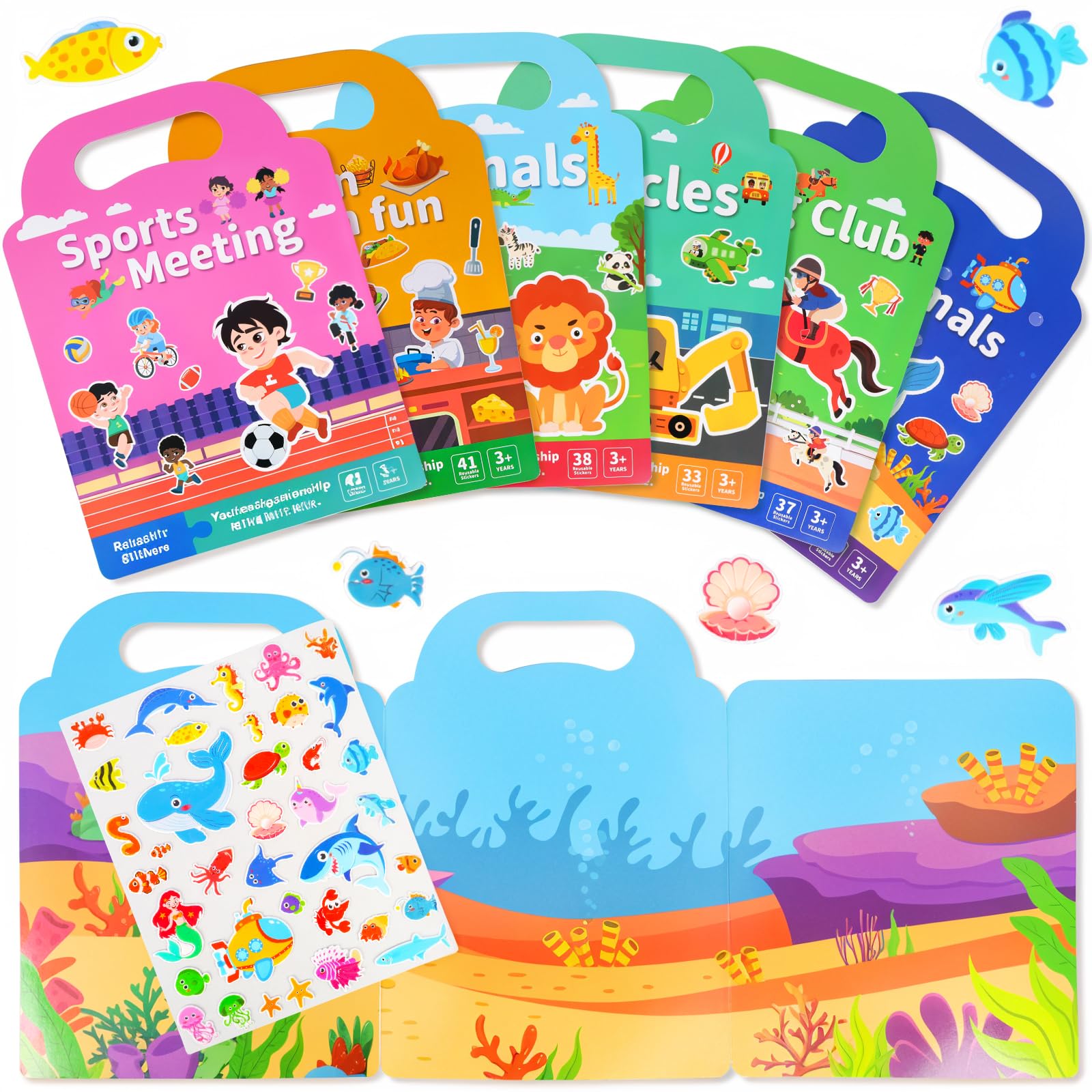 6 Pack Reusable Sticker Books Educational Sticker Set Educational Sensory Learning Toy with Farm,Vehicles,Ocean,Animals,Preschool Stickers Book for Toddlers Boys Girls Aged 3-6
