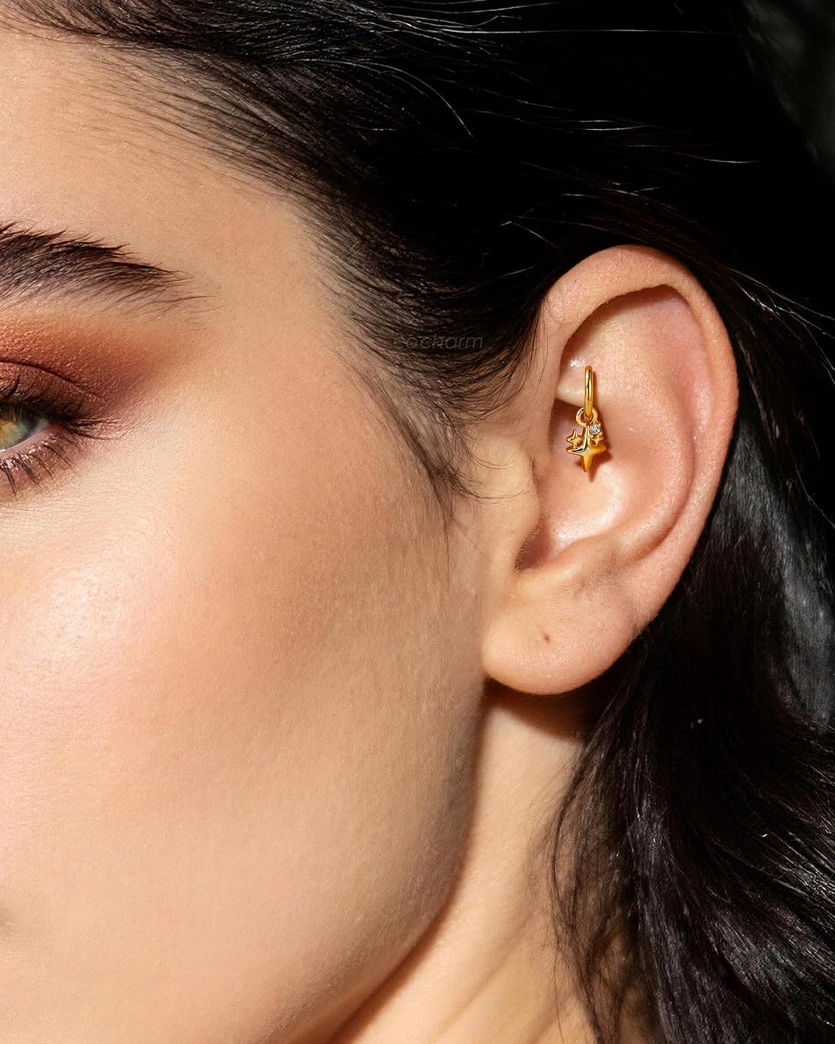 COCHARM Clicker Rook Earrings,16G Gold Plated Rook Piercing Jewelry Hoop,Dangle Star Helix Earrings 6/8MM - Image 3