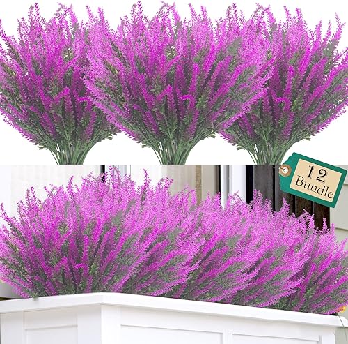 Grunyia 12 paquetes de flores artificiales de lavanda para exteriores, resistentes a los rayos UV, plantas de plástico sintético, decoración de